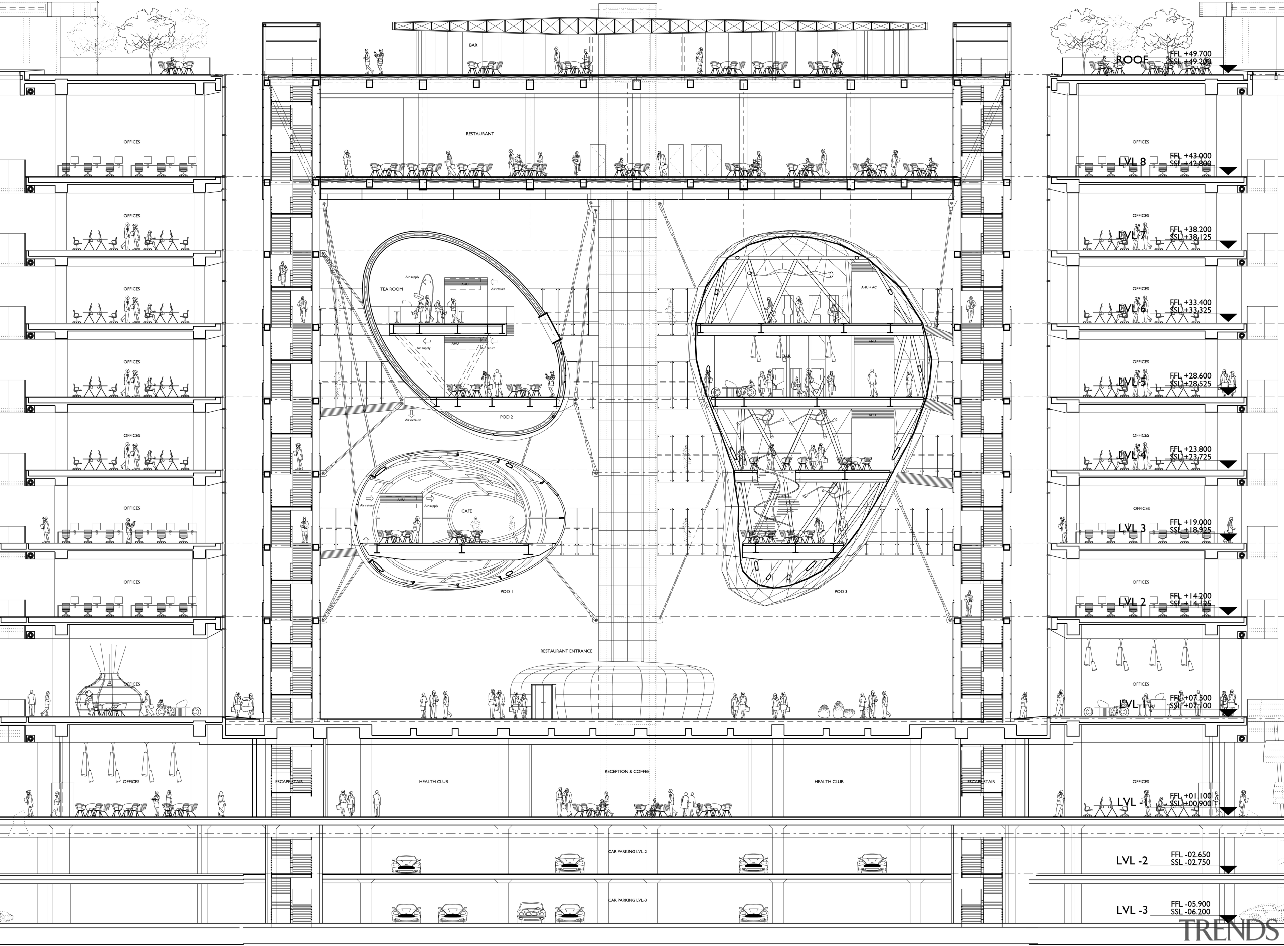 View of the Shanghai International Cruise Terminal. area, artwork, black and white, design, diagram, drawing, font, line, line art, music, plan, product, product design, technical drawing, text, white