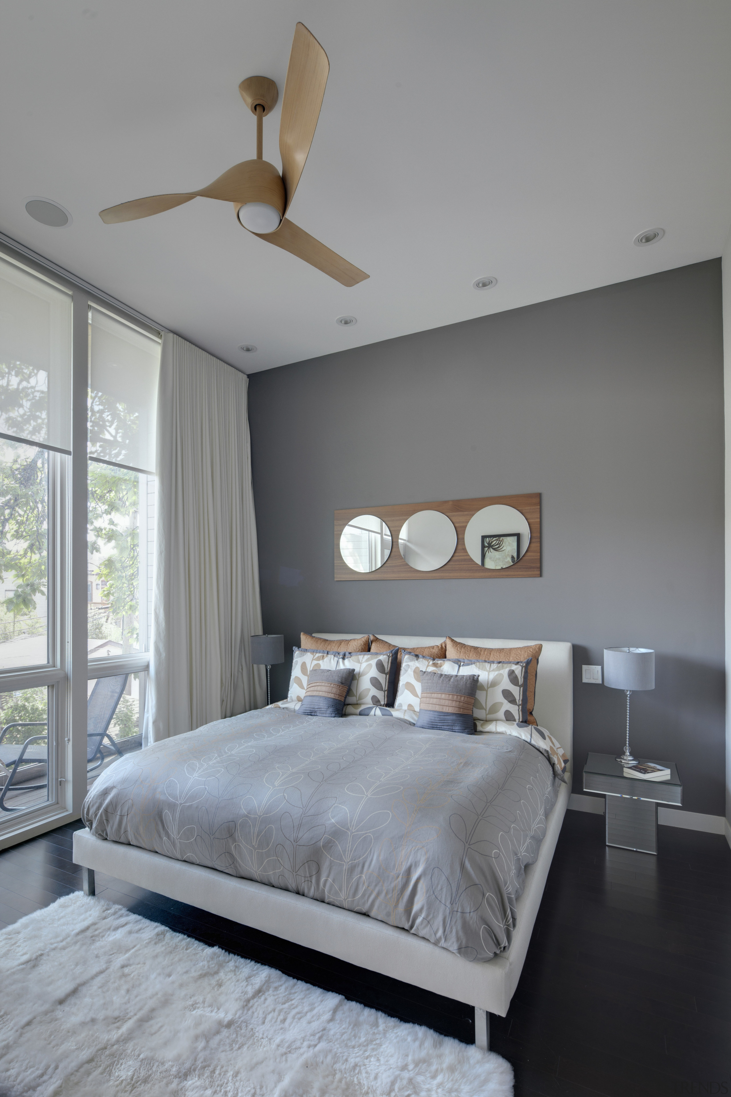 View of bedroom with double bed and grey bed frame, bedroom, ceiling, floor, home, house, interior design, room, wall, gray