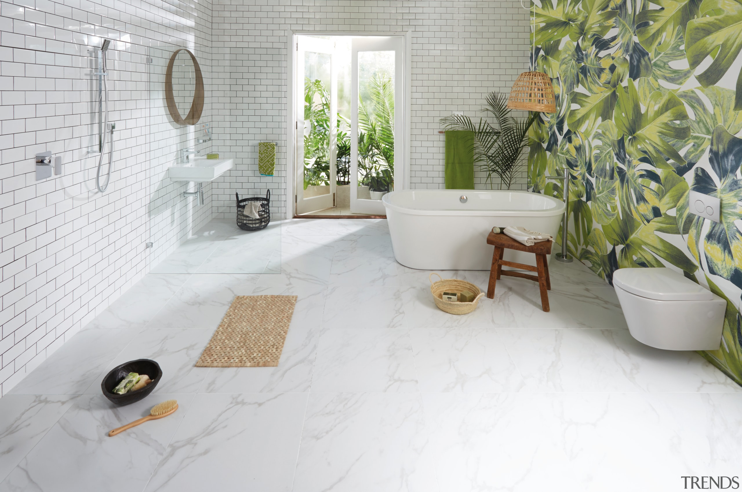 Light, breezy and packed with functionality, this bathroom bathroom, floor, flooring, home, interior design, property, room, tile, wall, white, gray