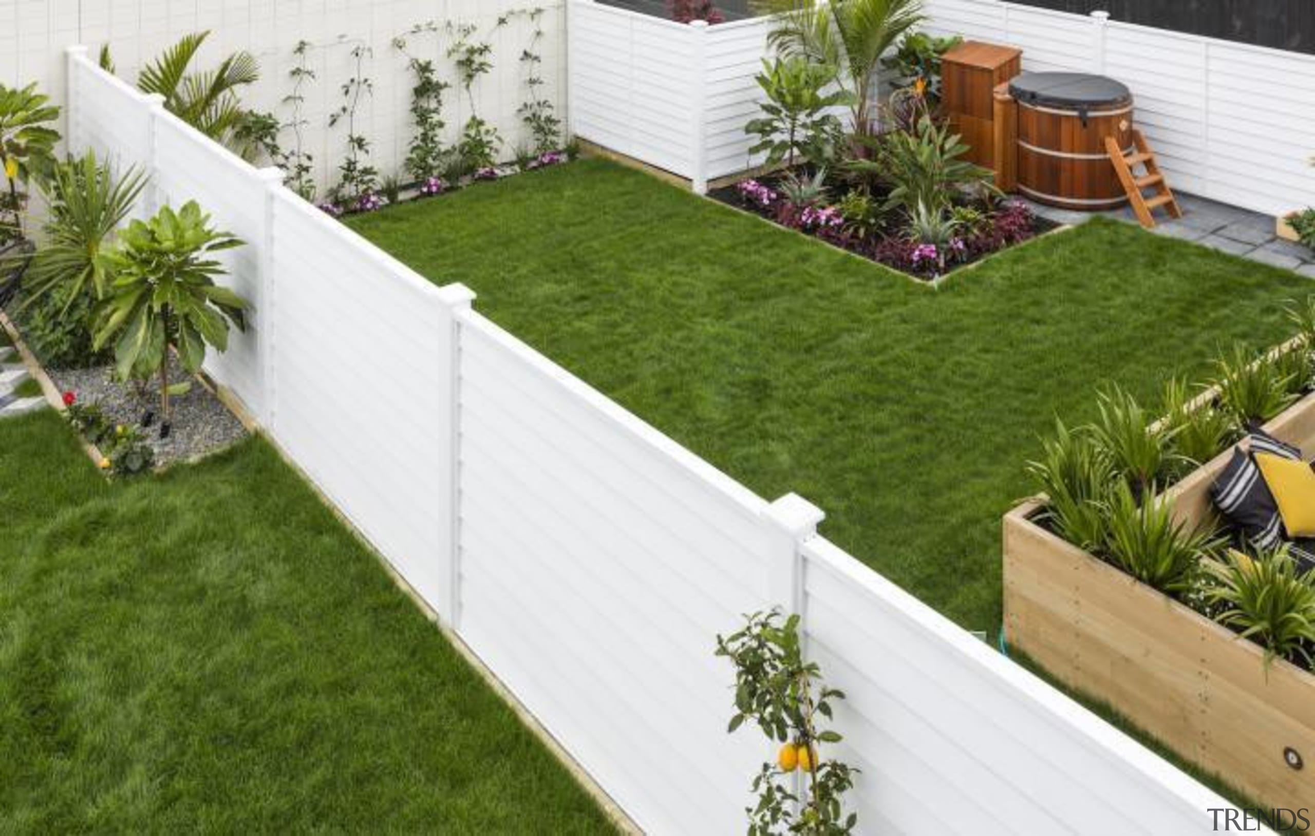 theblock2014057.jpg - theblock2014057.jpg - artificial turf | backyard artificial turf, backyard, courtyard, fence, garden, grass, landscaping, lawn, outdoor structure, plant, walkway, wood, yard, brown, white
