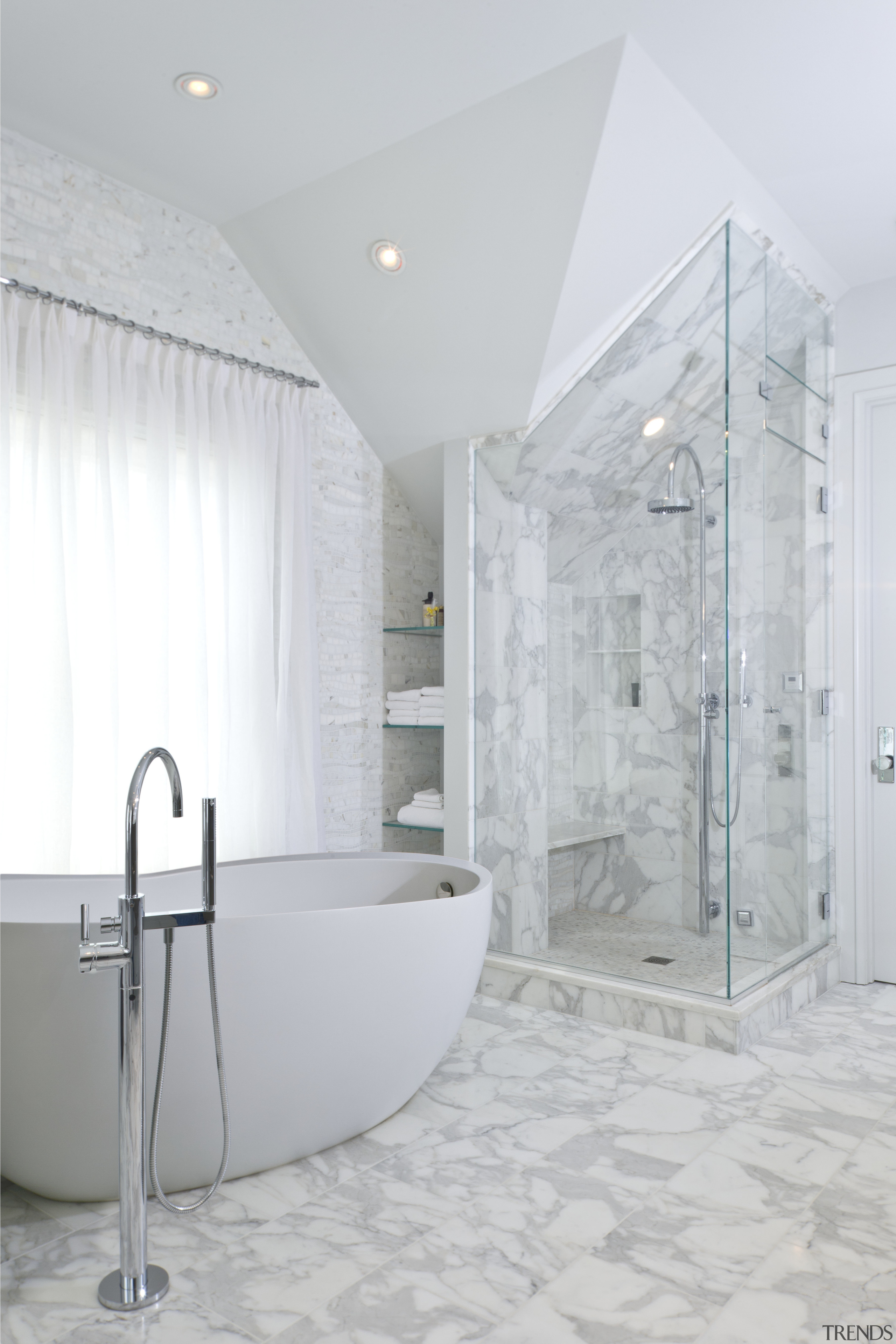 With glass walls soaring up to the ceiling, bathroom, ceiling, floor, glass, interior design, plumbing fixture, room, tap, tile, white, gray