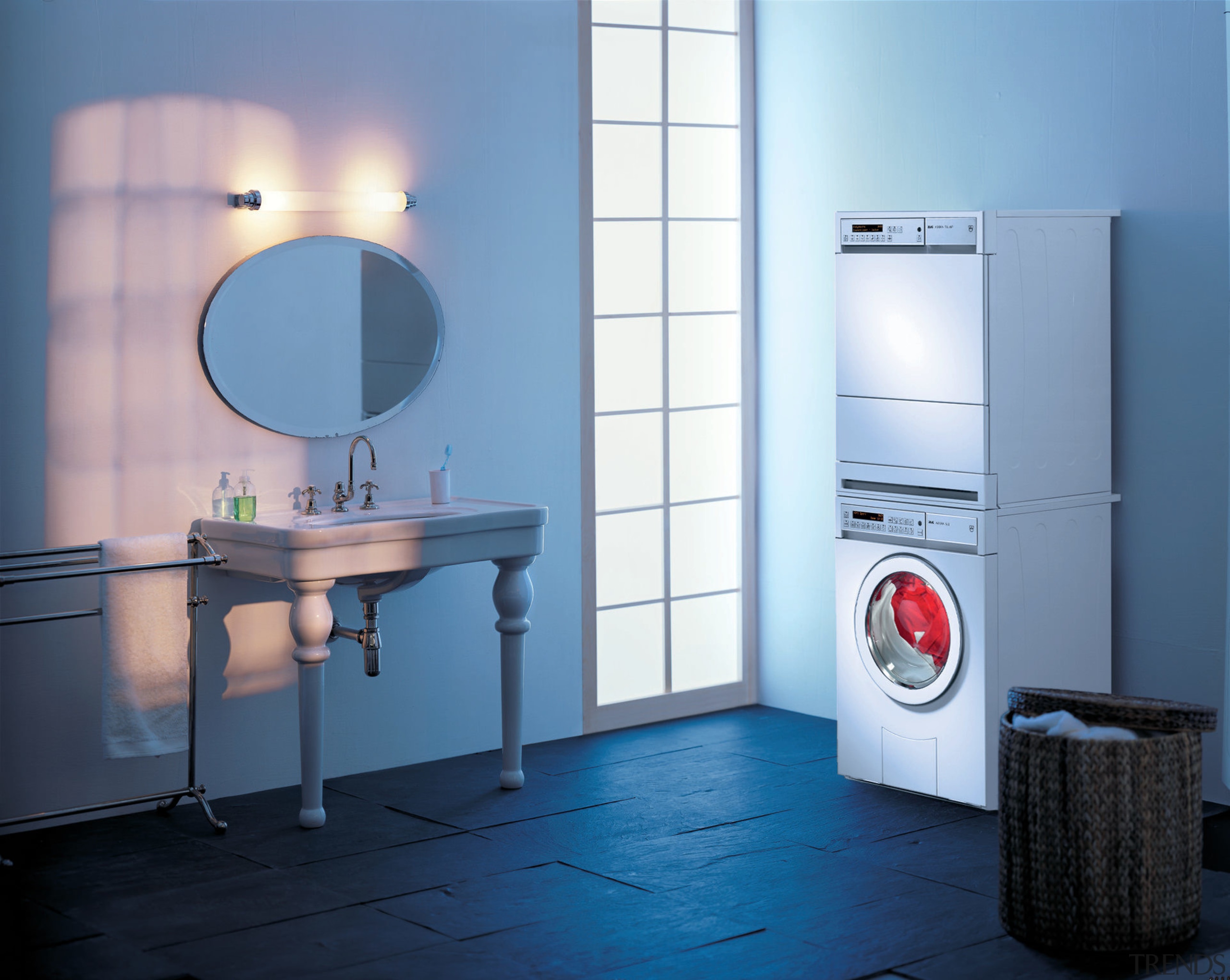 The company that pioneered home appliance technology in bathroom, bathroom accessory, bathroom cabinet, clothes dryer, home appliance, laundry room, major appliance, plumbing fixture, product, product design, purple, room, toilet, washing machine, teal, blue