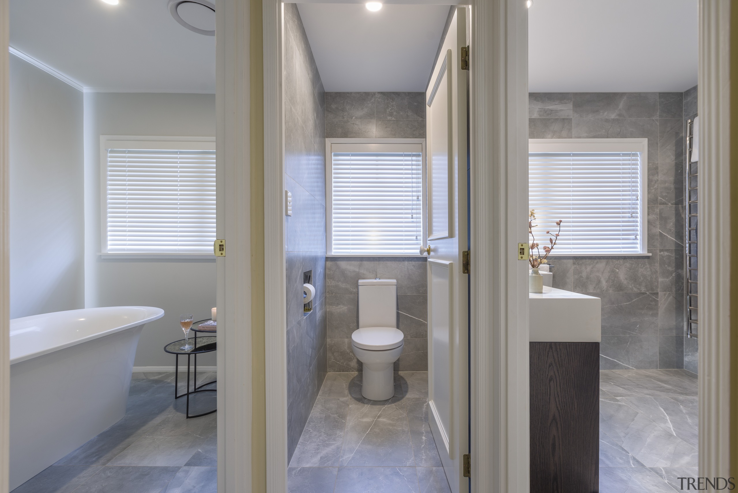 This reconfigured and expanded bathroom now boast three architecture, bathroom, building, estate, floor, home, house, interior design, plumbing fixture, property, real estate, room, tile, gray