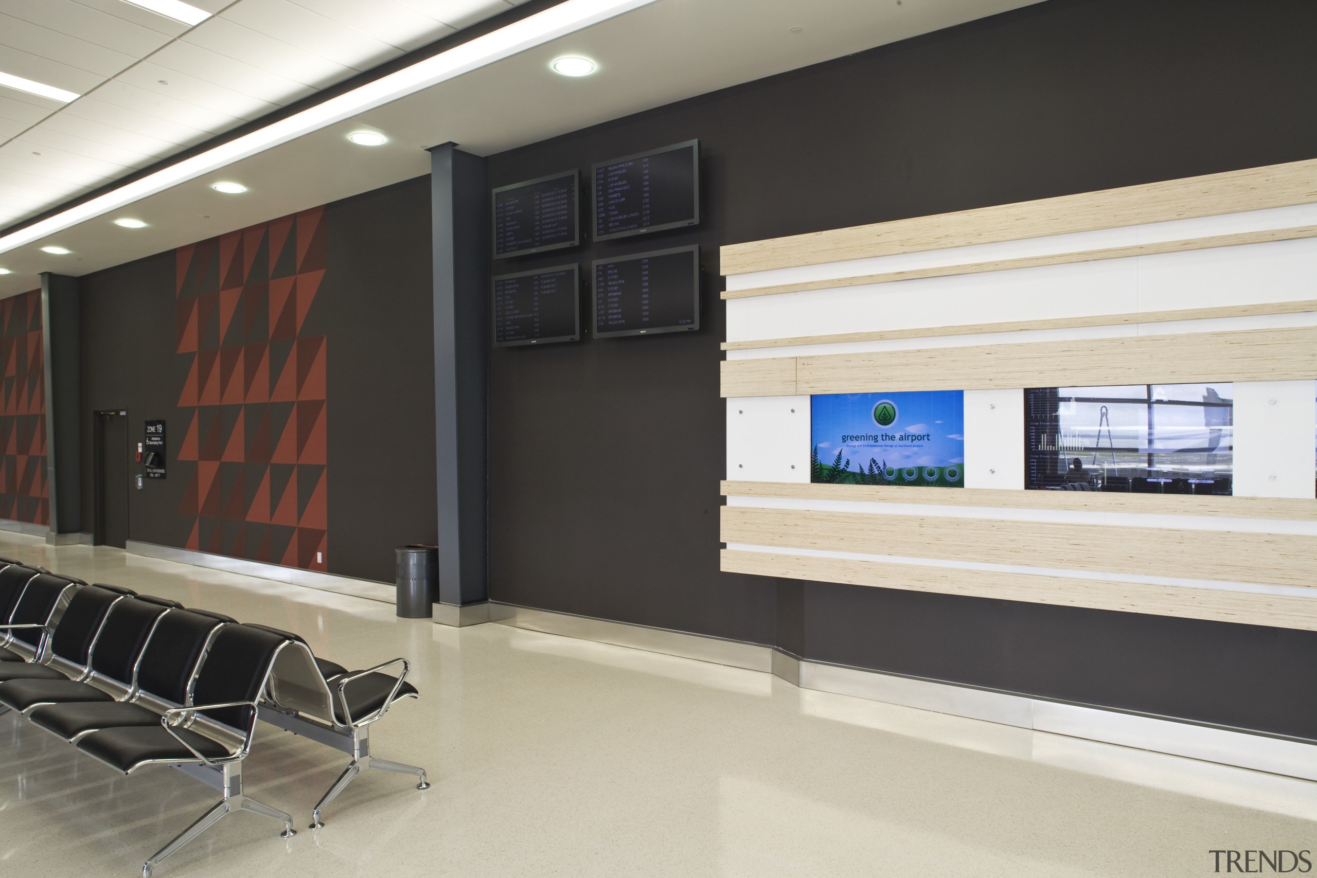 View of Auckland Airport's new international terminal where floor, flooring, institution, interior design, white, black