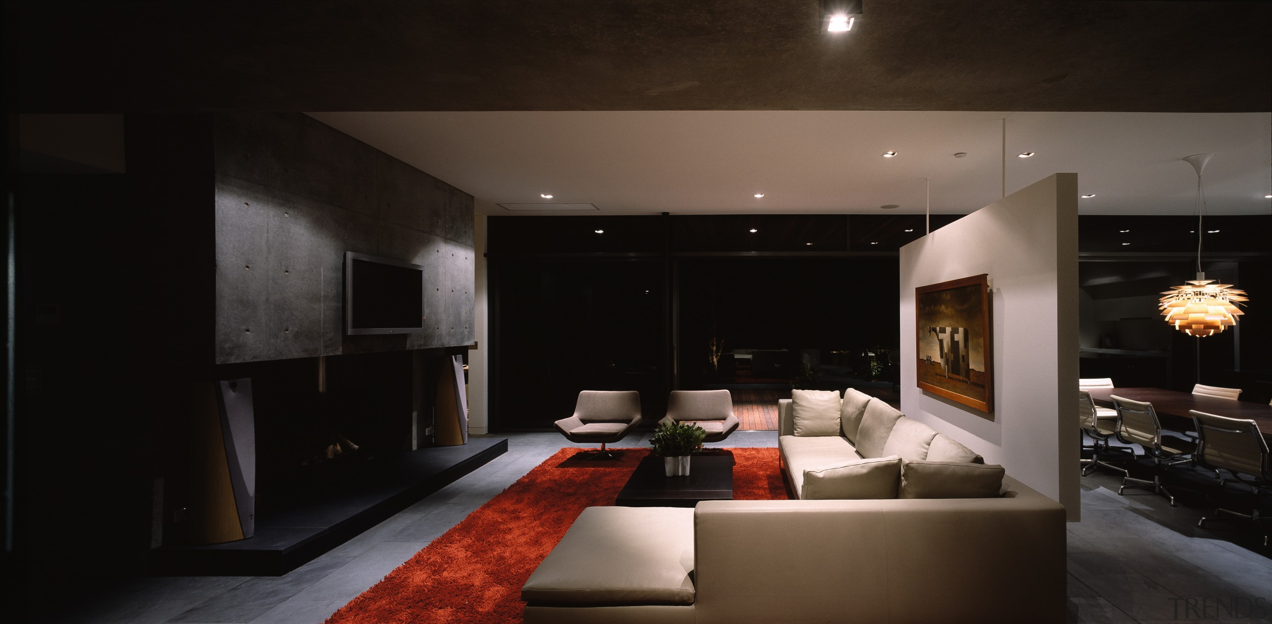 Open plan lounge area with cream sofas, red architecture, ceiling, house, interior design, living room, room, black
