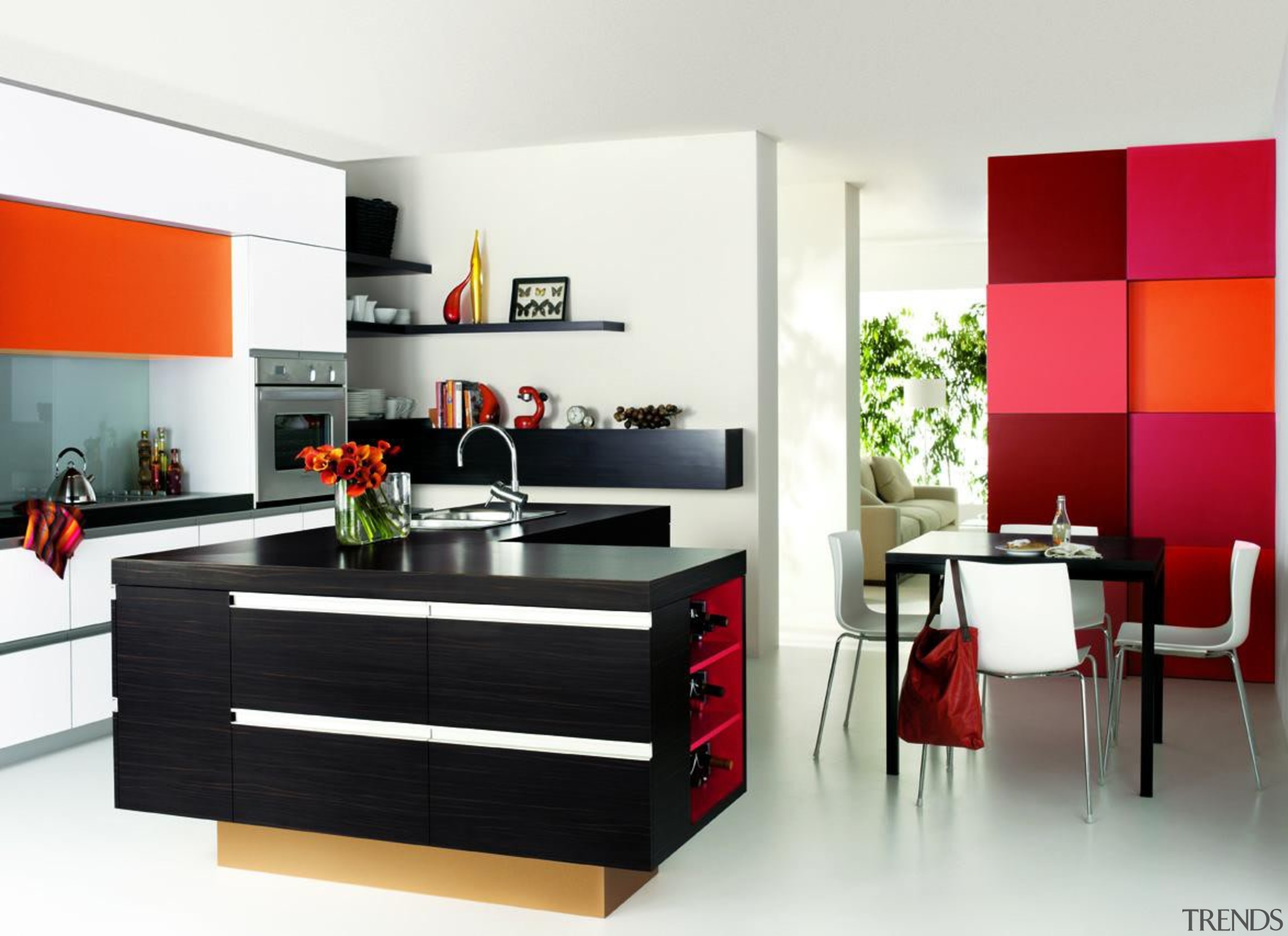 The orange, red and pink splashes of colour furniture, interior design, kitchen, product, product design, white