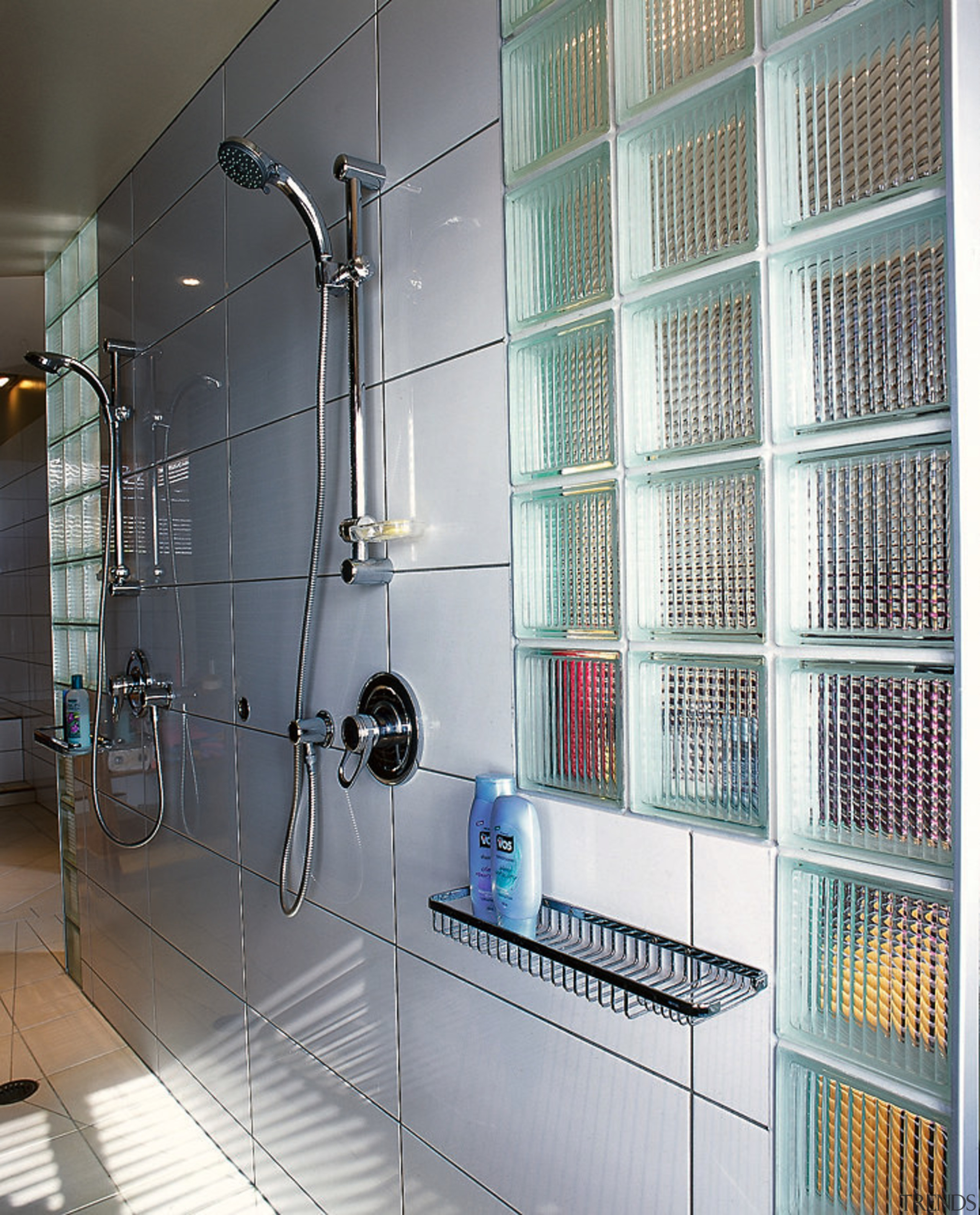 The detail of the glass bricks in a bathroom, glass, plumbing fixture, room, shelving, gray