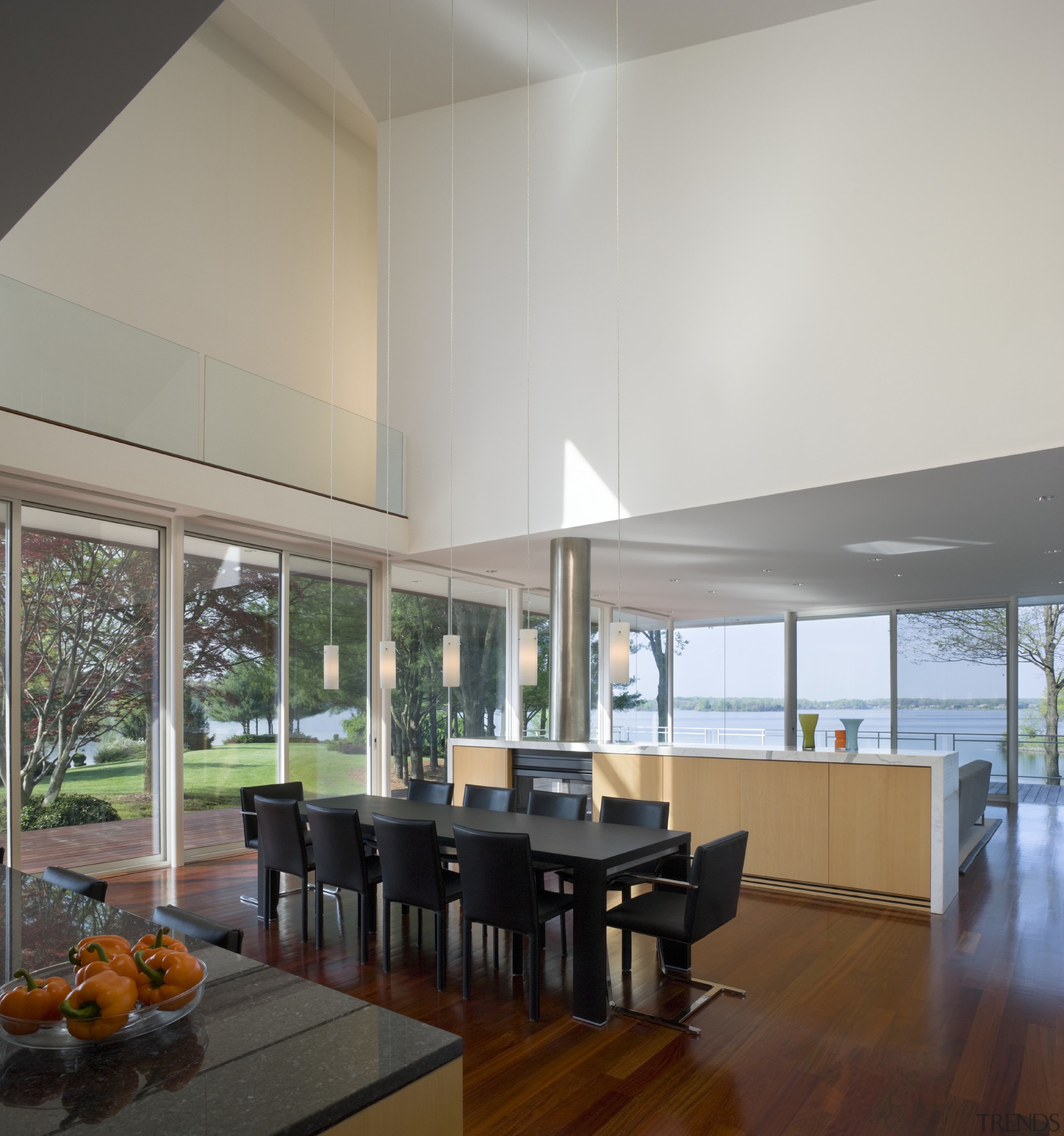 View of dark toned dining table. - View architecture, ceiling, daylighting, house, interior design, real estate, table, window, gray