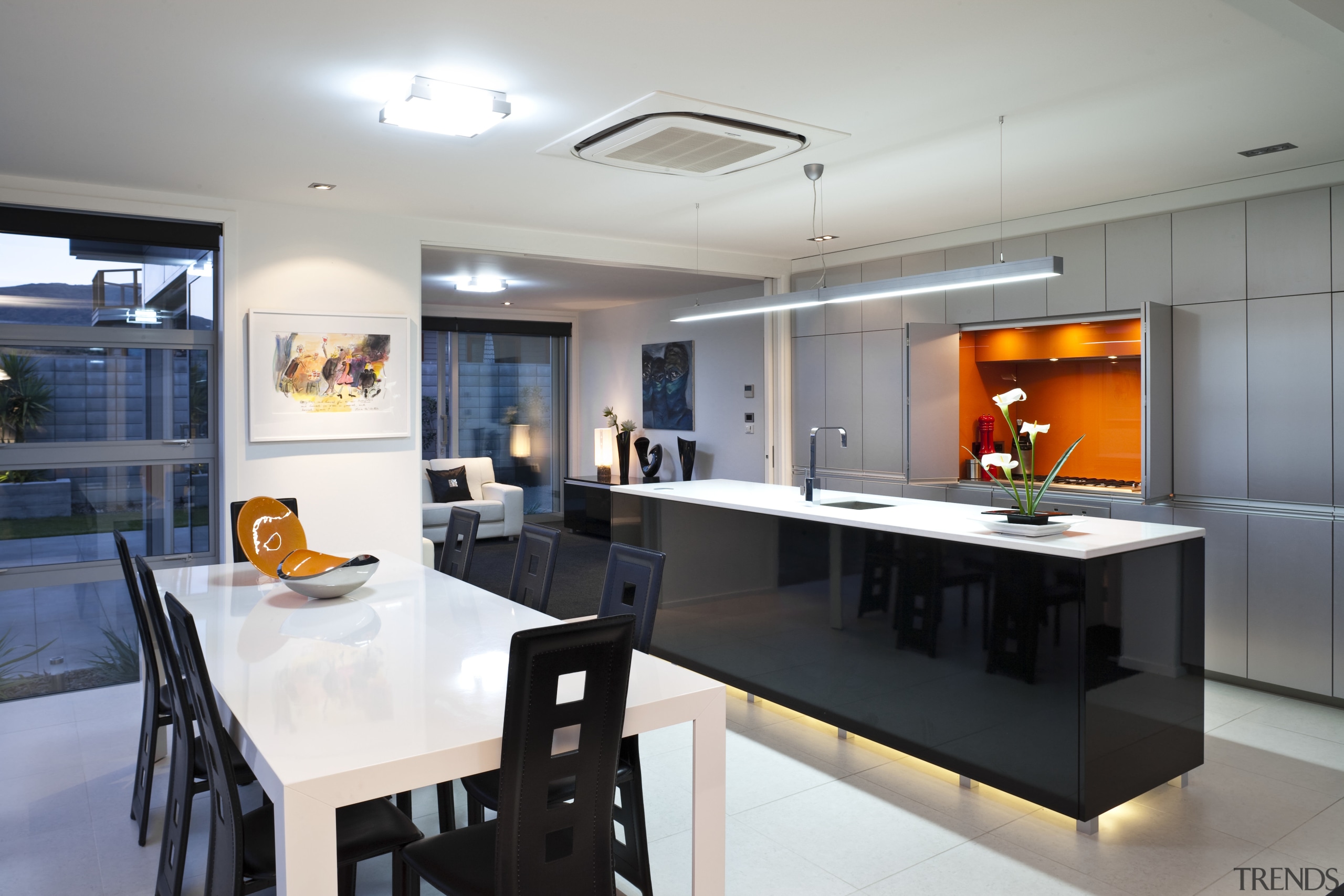View of kitchen featuring Aluminium and gloss lacquer countertop, interior design, kitchen, real estate, room, gray