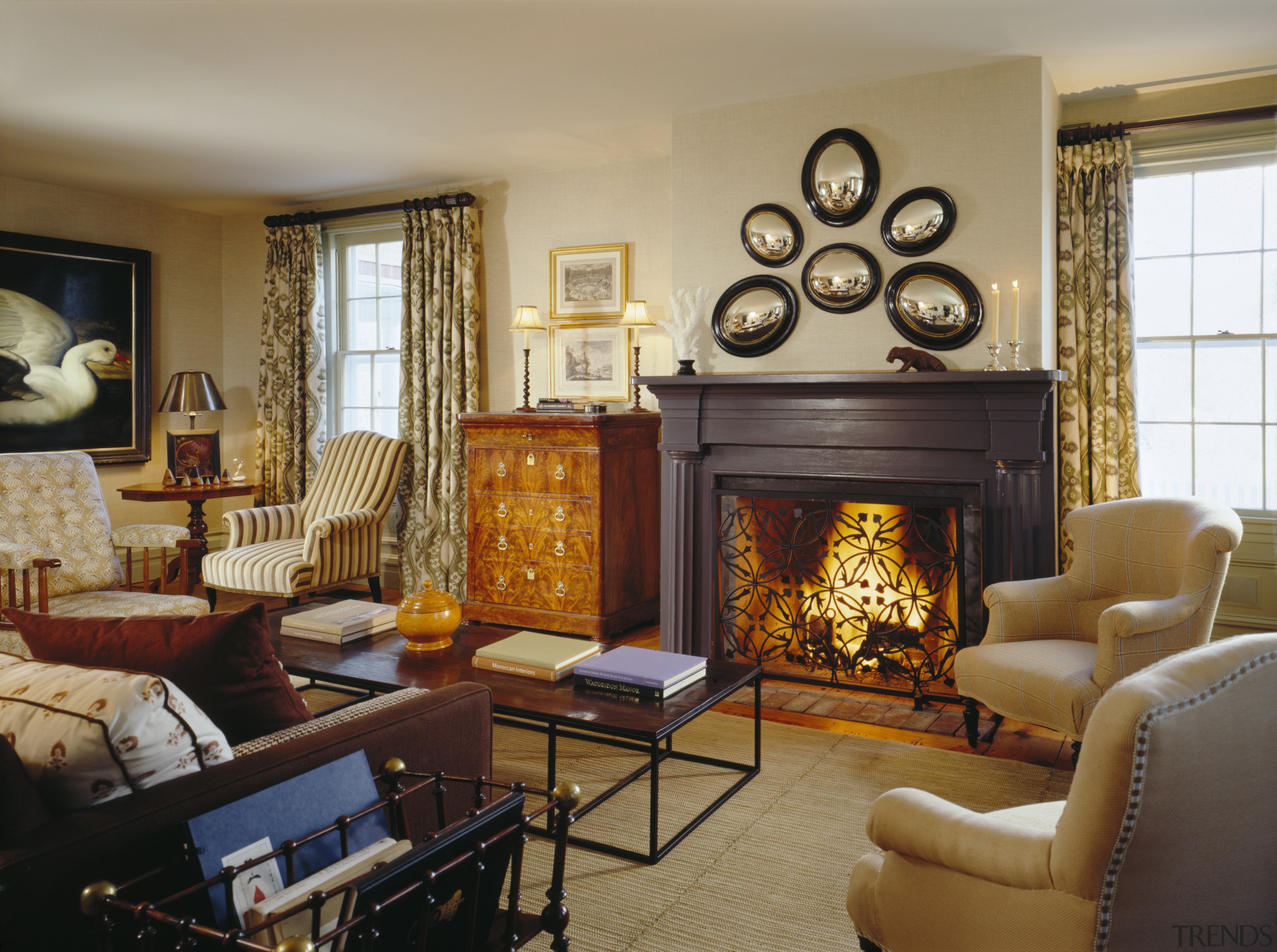 View of grand house with 18th and 19th fireplace, hearth, home, interior design, living room, real estate, room, wood burning stove, brown, orange