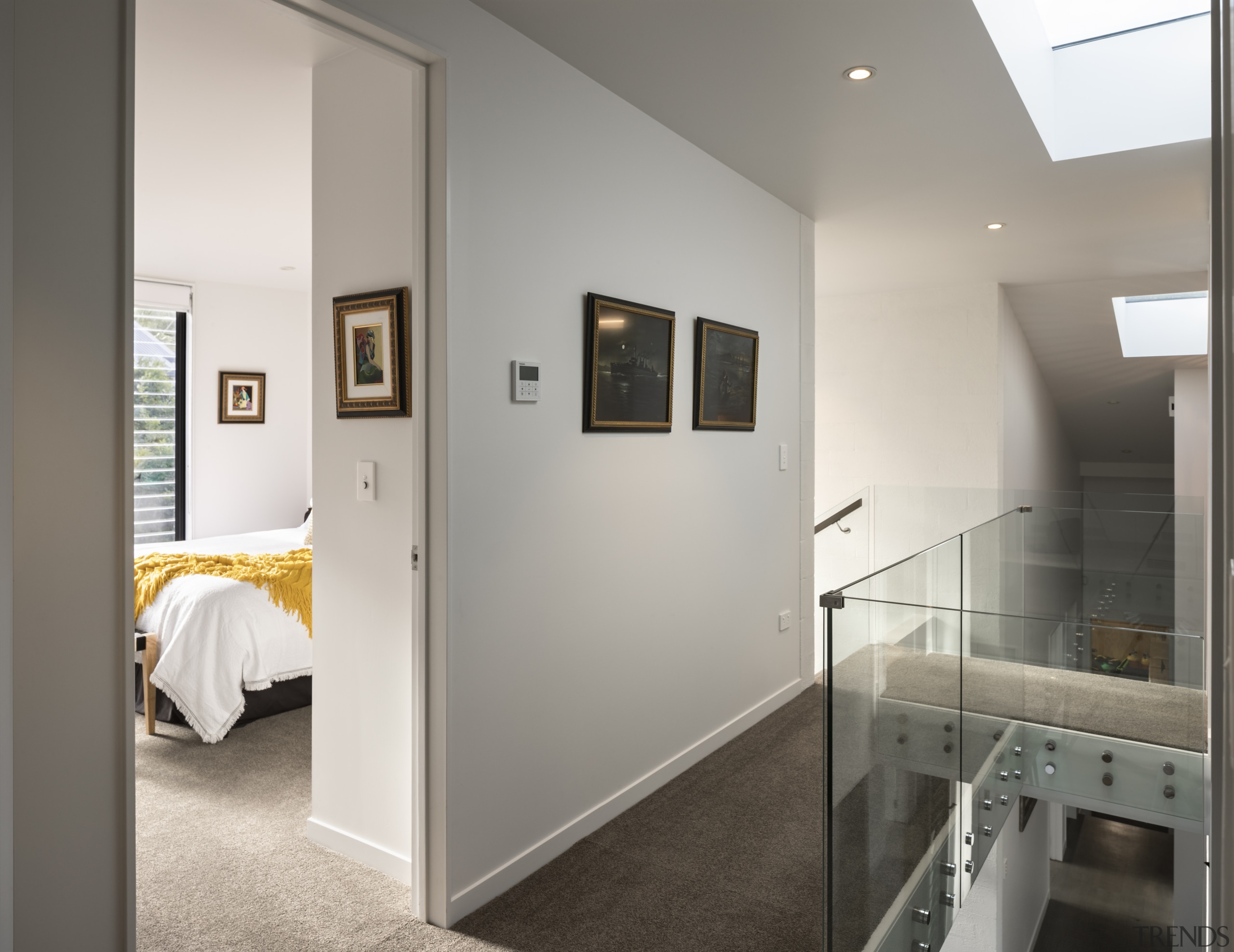 Upper level bedroom in new coastal home by floor, interior design, real estate, gray