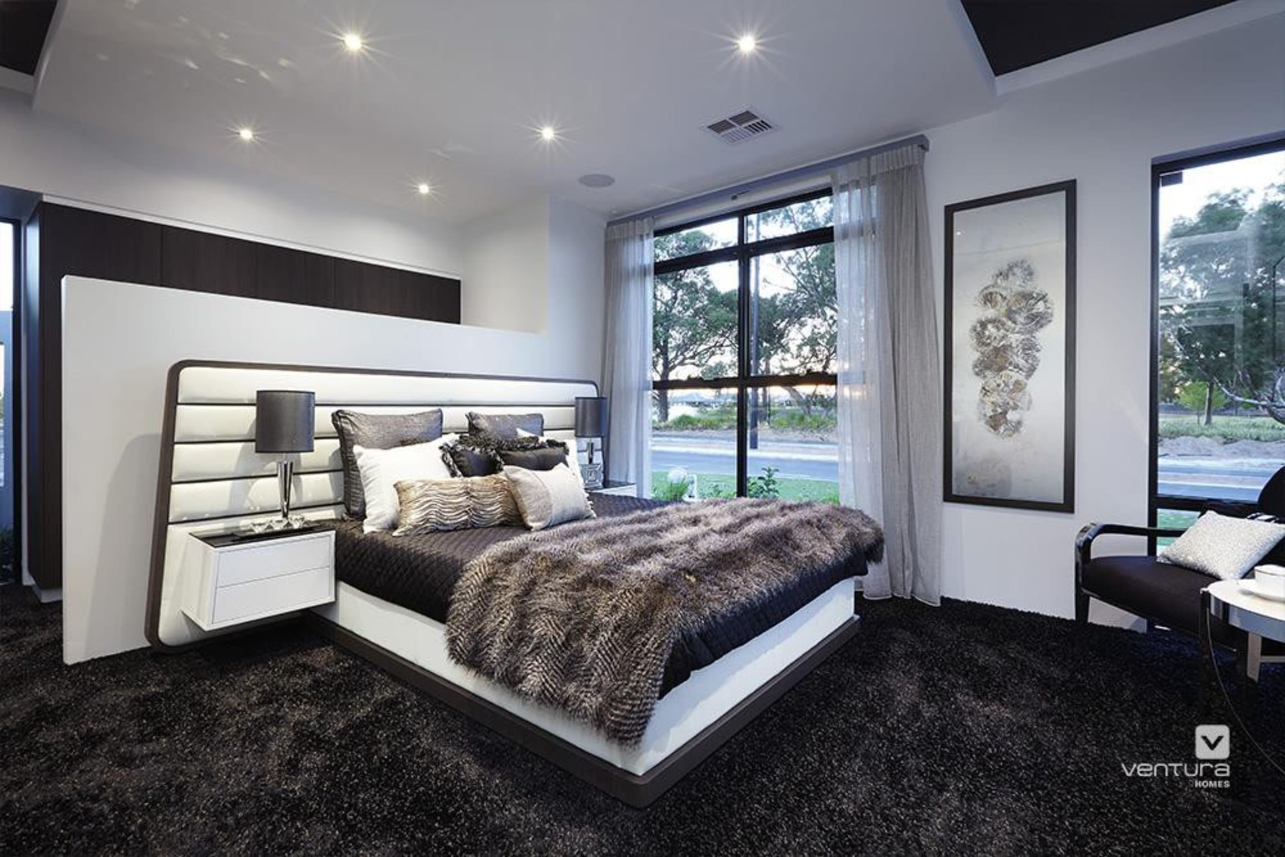 Master ensuite design. - The Montrose Display Home bed frame, bedroom, ceiling, home, interior design, property, real estate, room, window, gray, black
