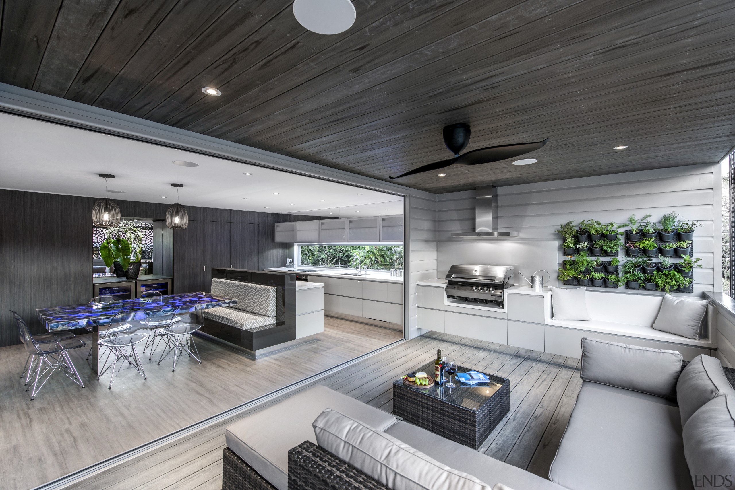 This multi-use space by designer Kim Duffin has house, interior design, living room, real estate, gray, black