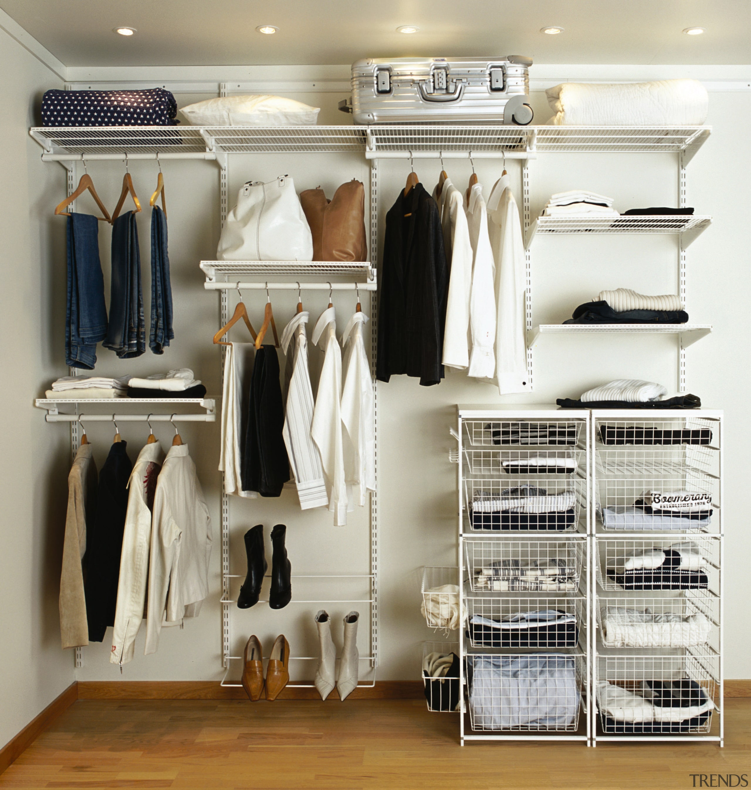 A view of a storage system from Plastic closet, clothes hanger, furniture, room, wardrobe, gray, white