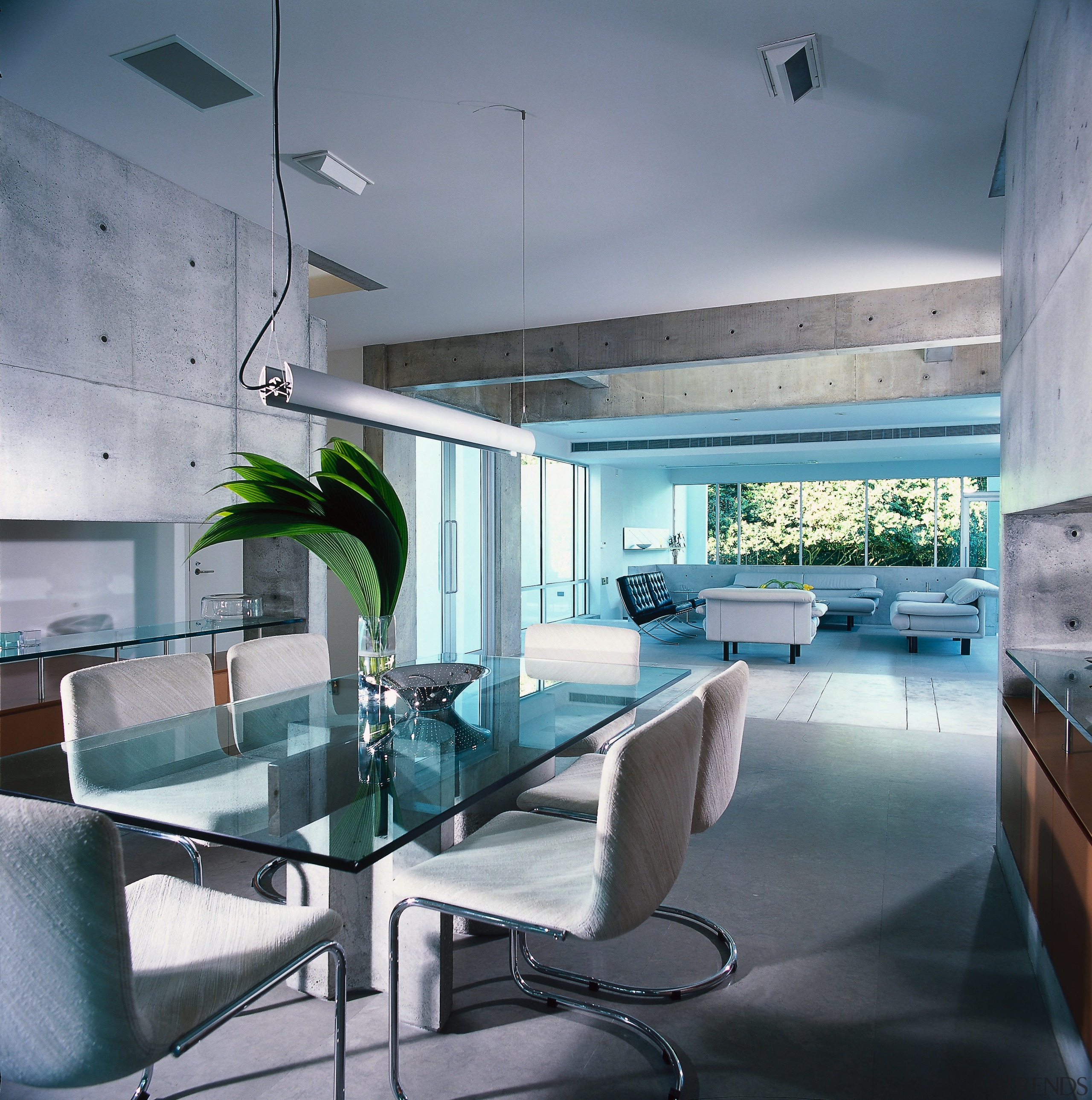 View of a dining area, polished concrete flooring architecture, ceiling, glass, house, interior design, real estate, gray