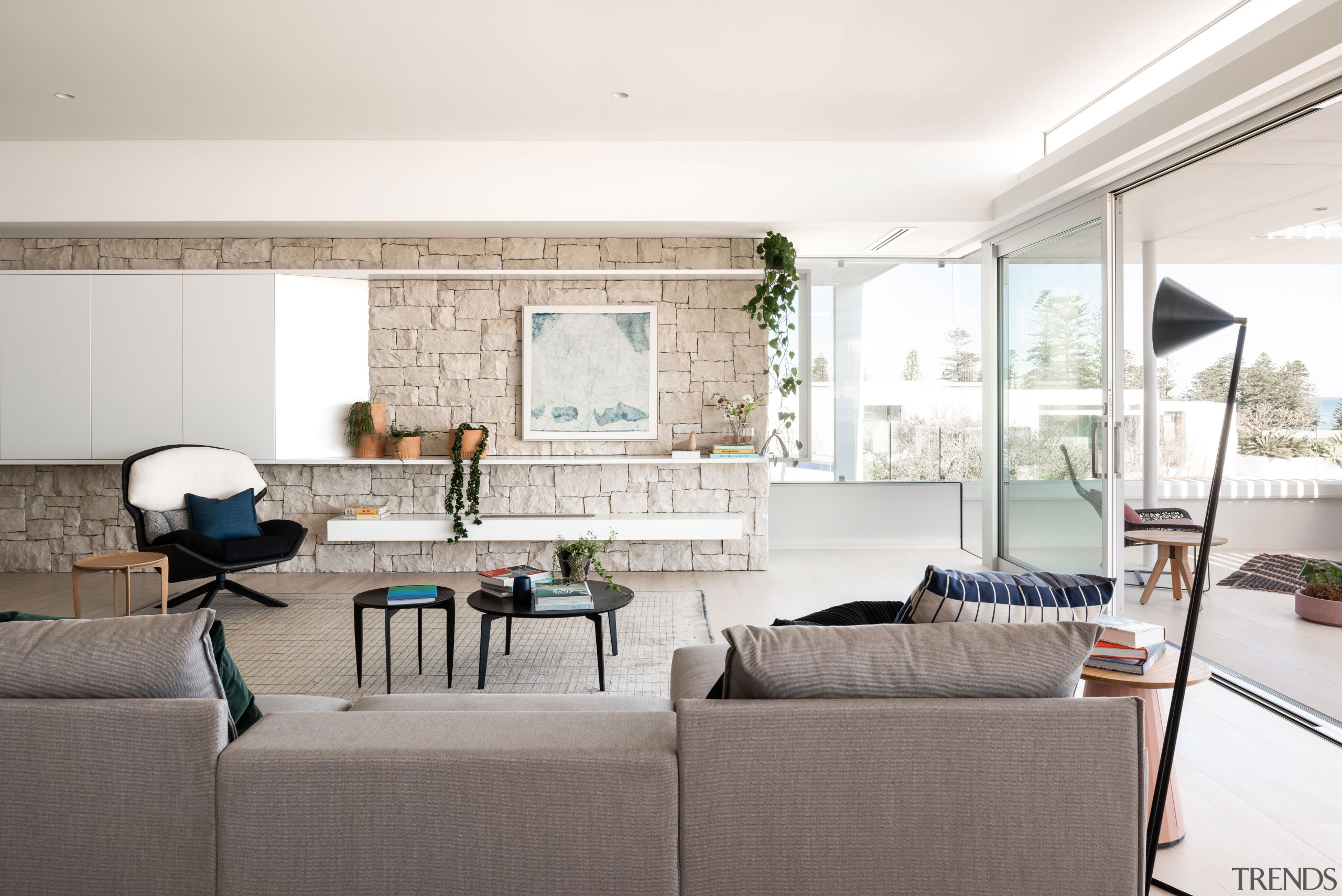 Natural exterior cladding is echoed as interior accents home, apartment, interior design, living room, table, white, Banham Architects, Furniture