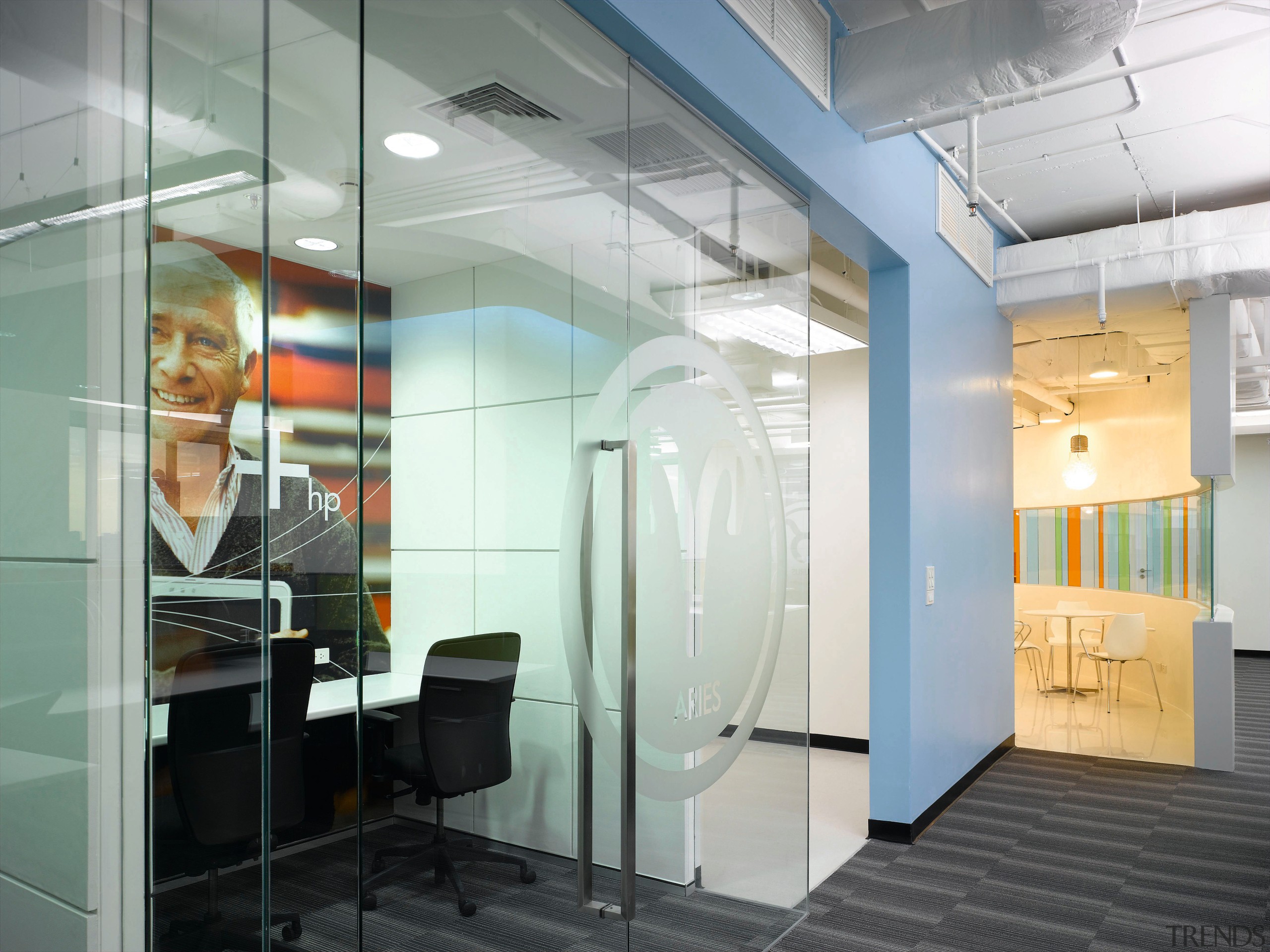 An interior view of the new HP office ceiling, glass, interior design, office, wall, gray