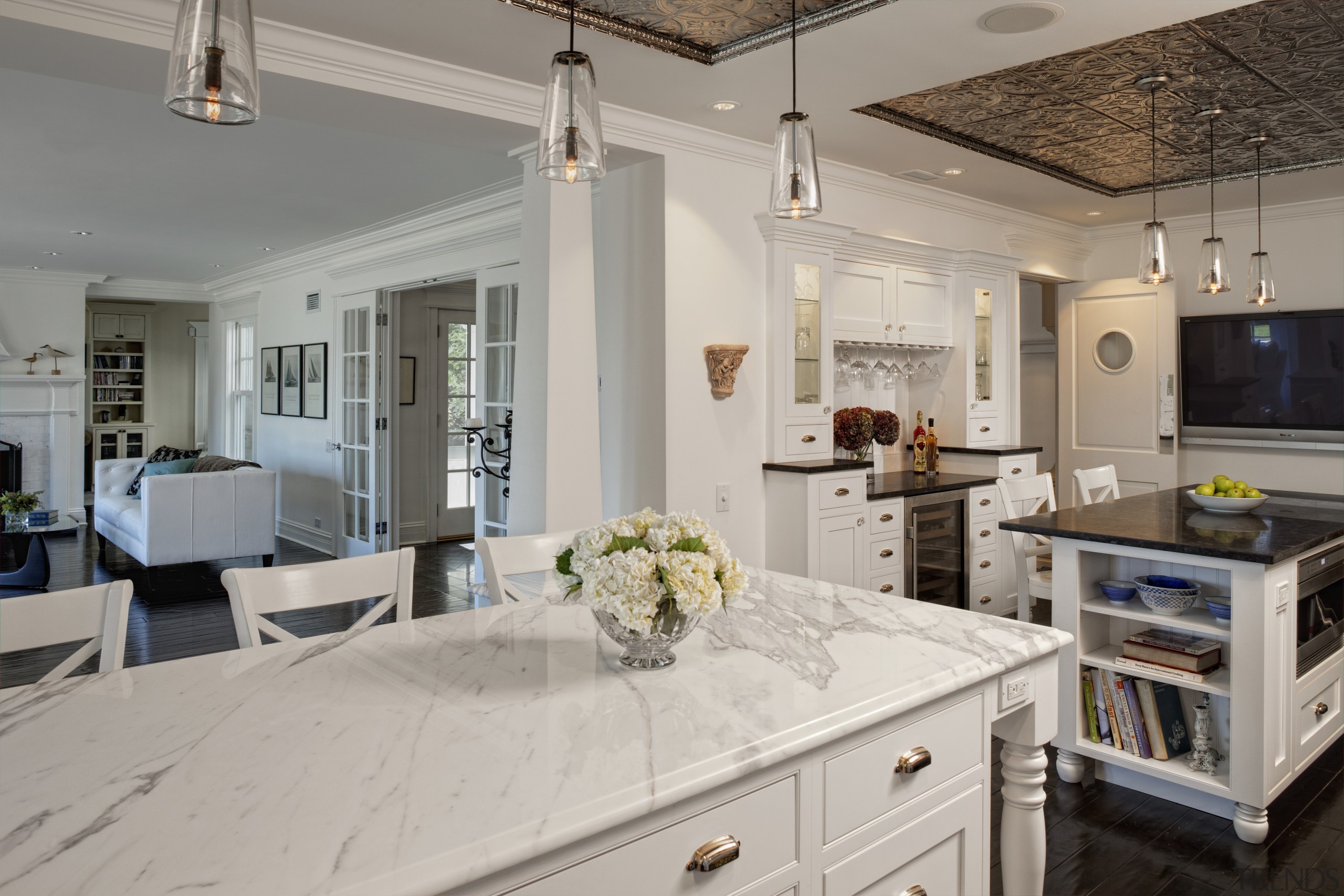 View of kitchen in 1950's remodelled lakefront home countertop, cuisine classique, home, interior design, kitchen, real estate, room, gray