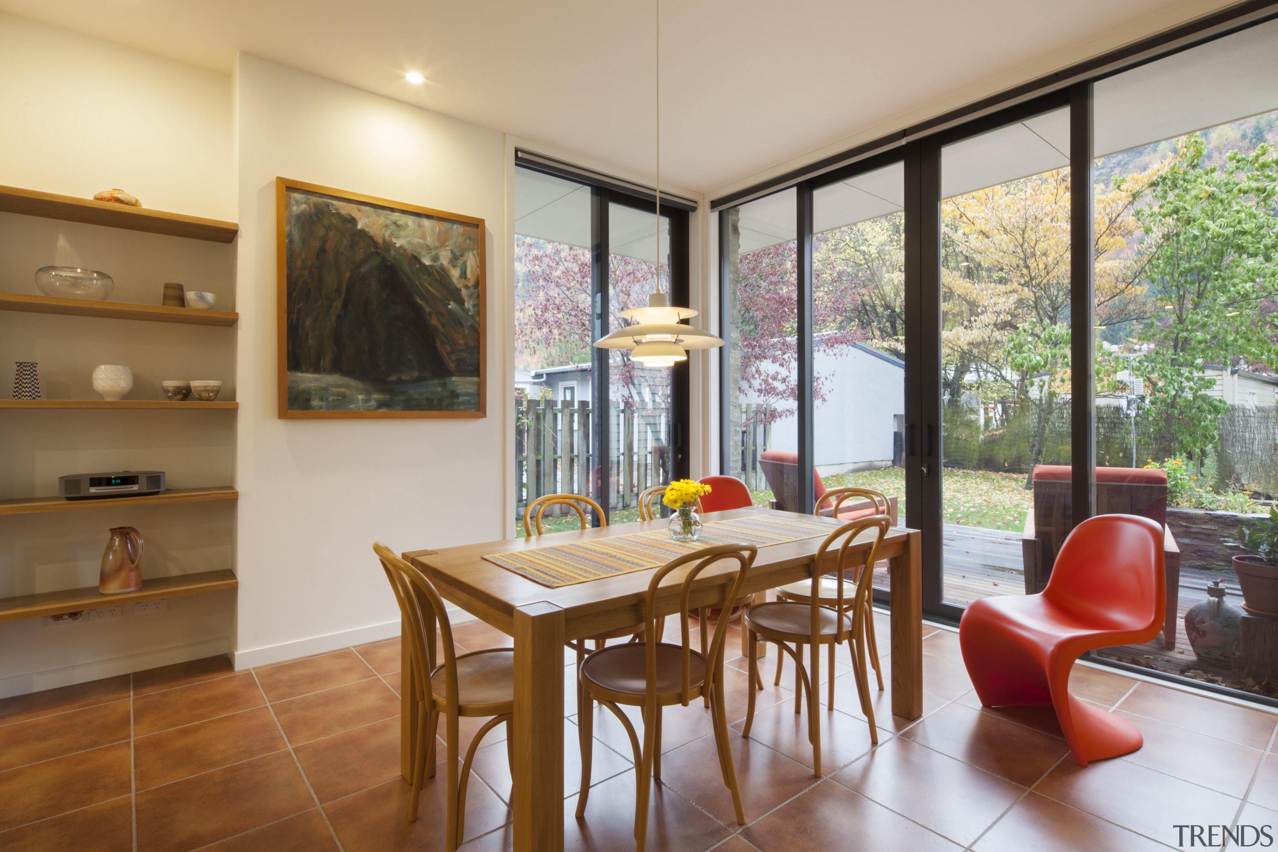 Contemporary dining in new home by Fowler Homes dining room, interior design, living room, real estate, room, table, window, gray, brown