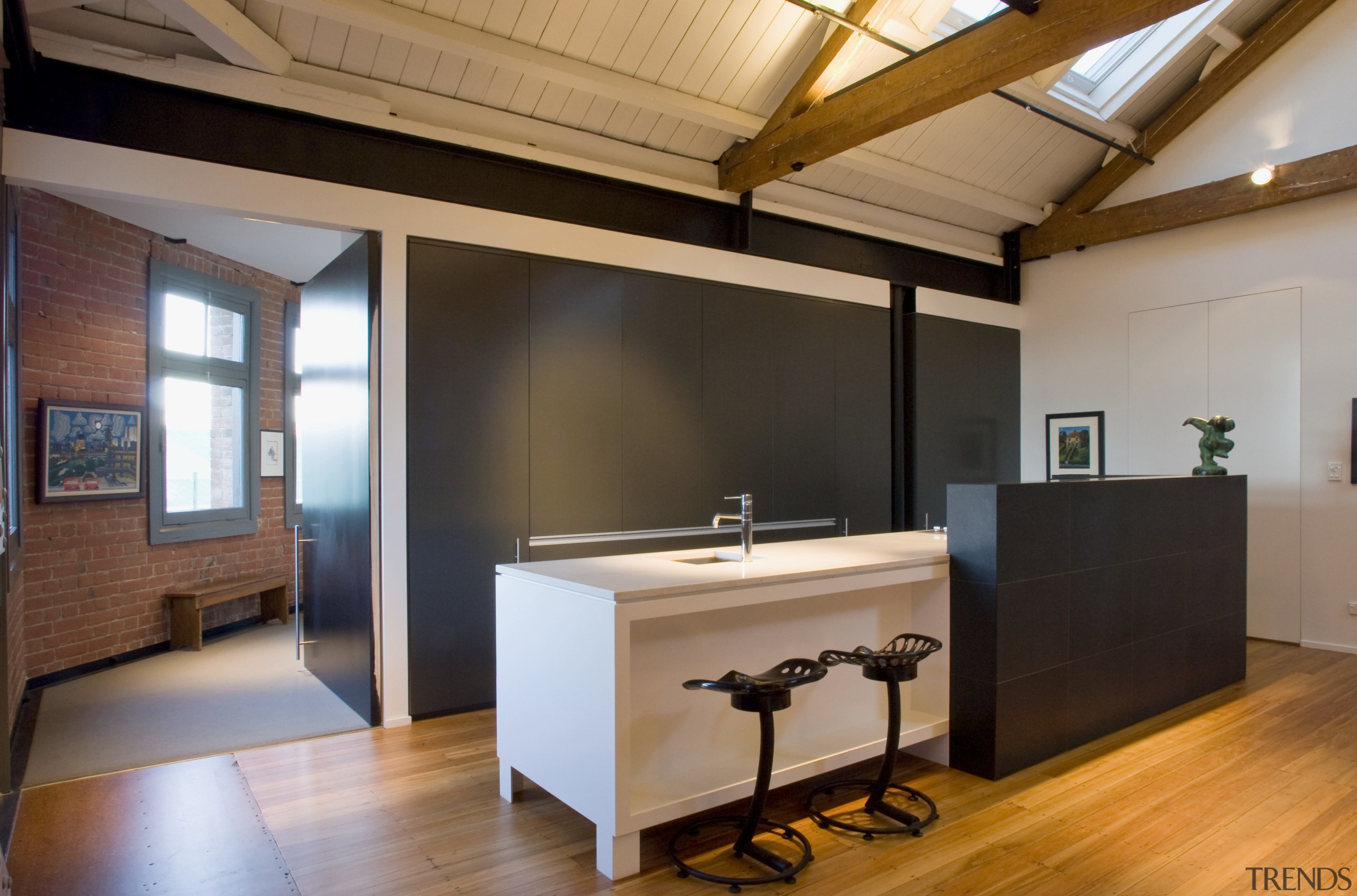 View of the kitchen which features original Kauri architecture, ceiling, house, interior design, loft, real estate, wood, black, brown