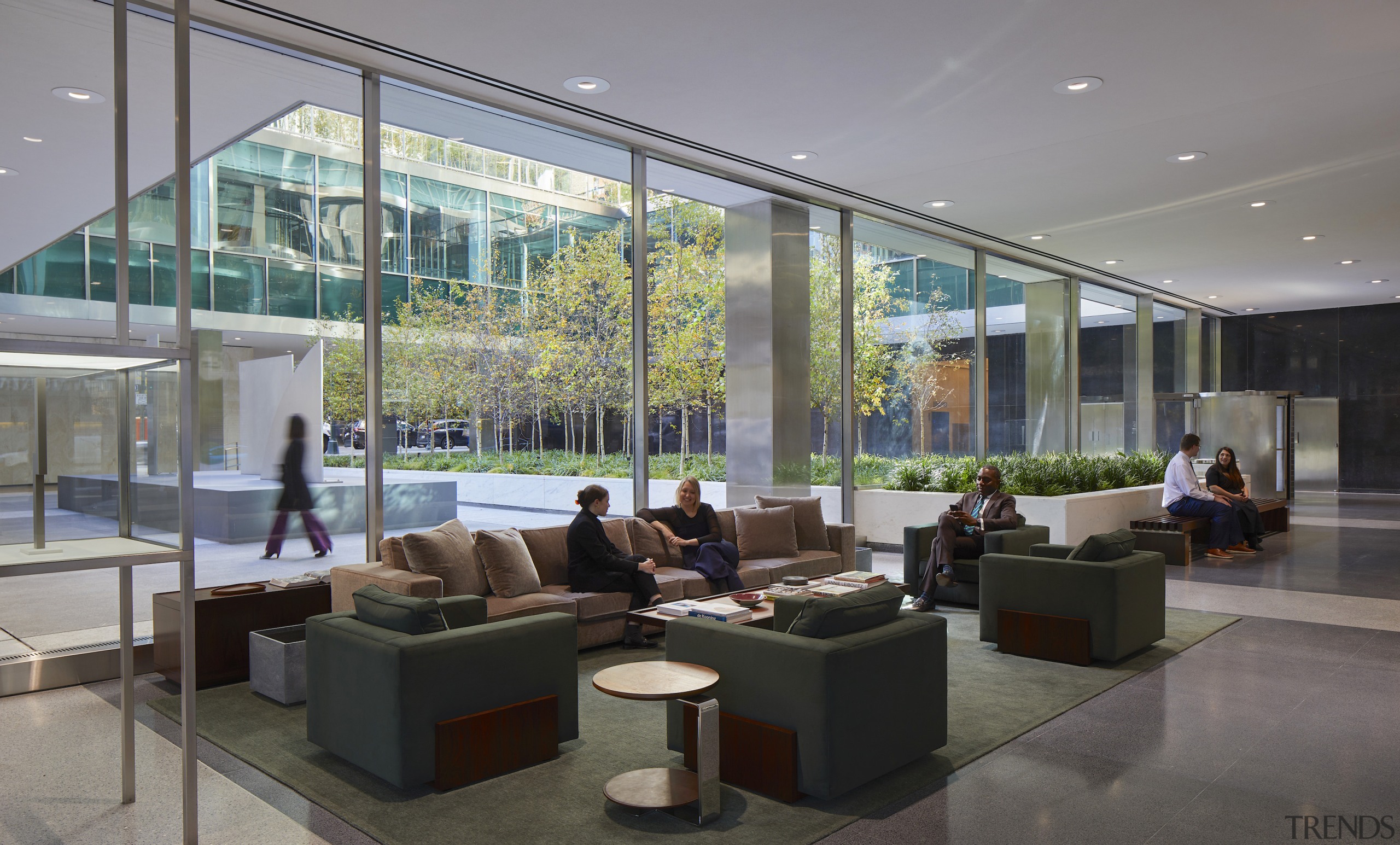 Looking out from the lobby to the plaza. 