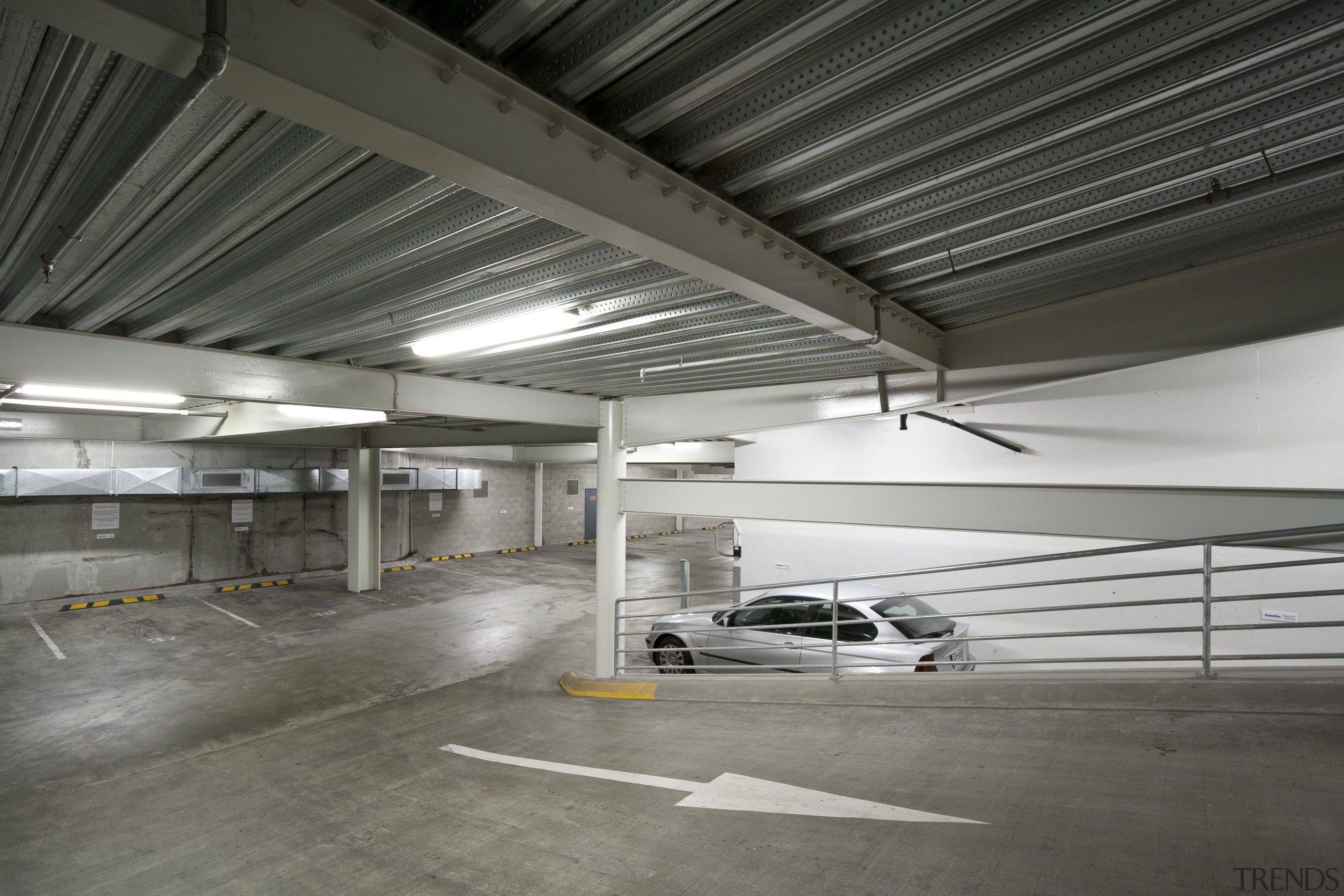 View of the basement carpark at 80 Queen daylighting, hangar, parking, parking lot, gray, black