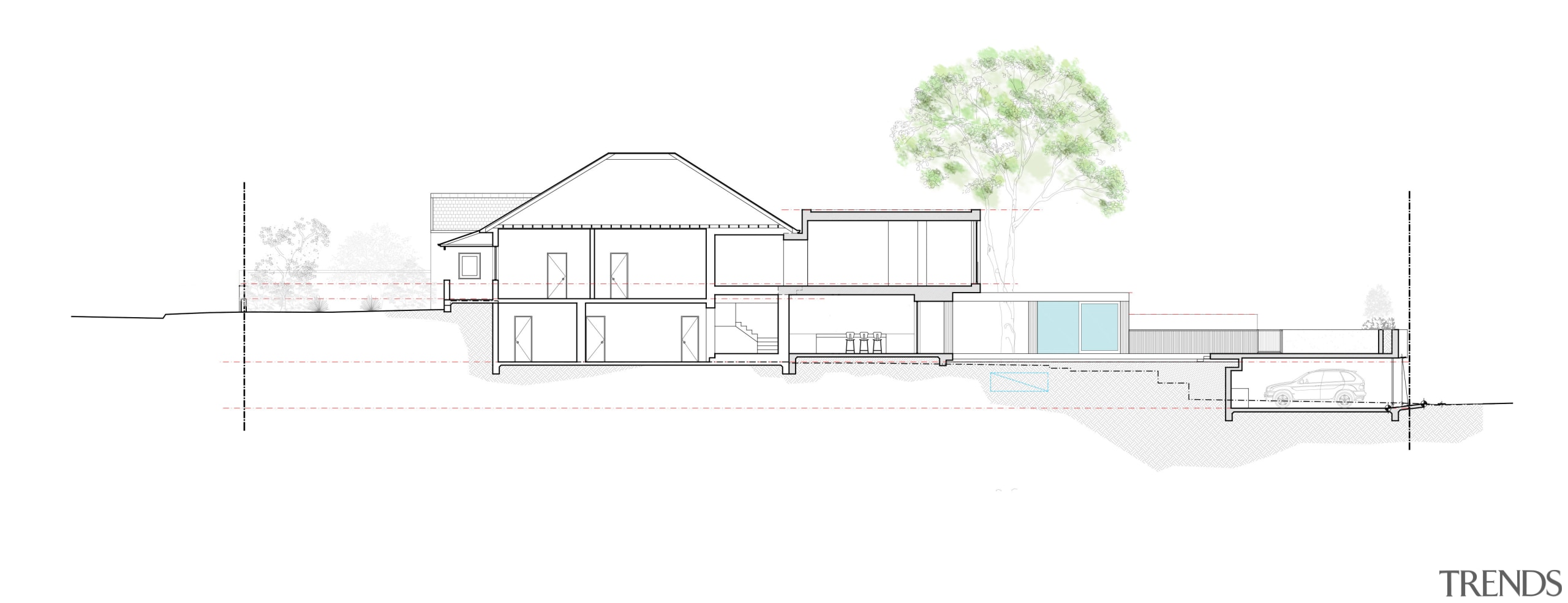 The side section of this renovated home shows angle, architecture, area, design, diagram, drawing, elevation, facade, home, house, land lot, line, plan, product, product design, property, real estate, residential area, structure, white