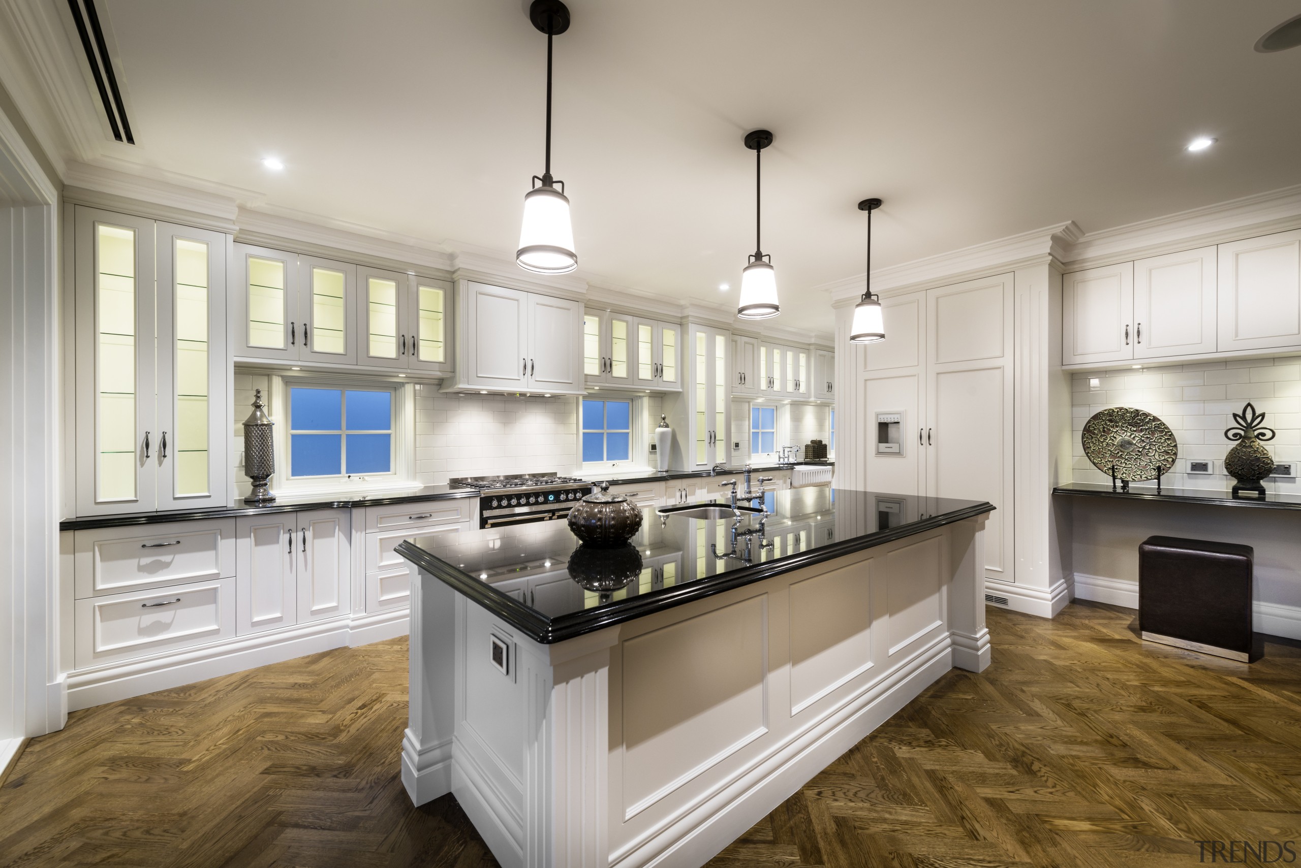 White hand-painted cabinetry is set against French oak cabinetry, countertop, cuisine classique, interior design, kitchen, real estate, room, gray