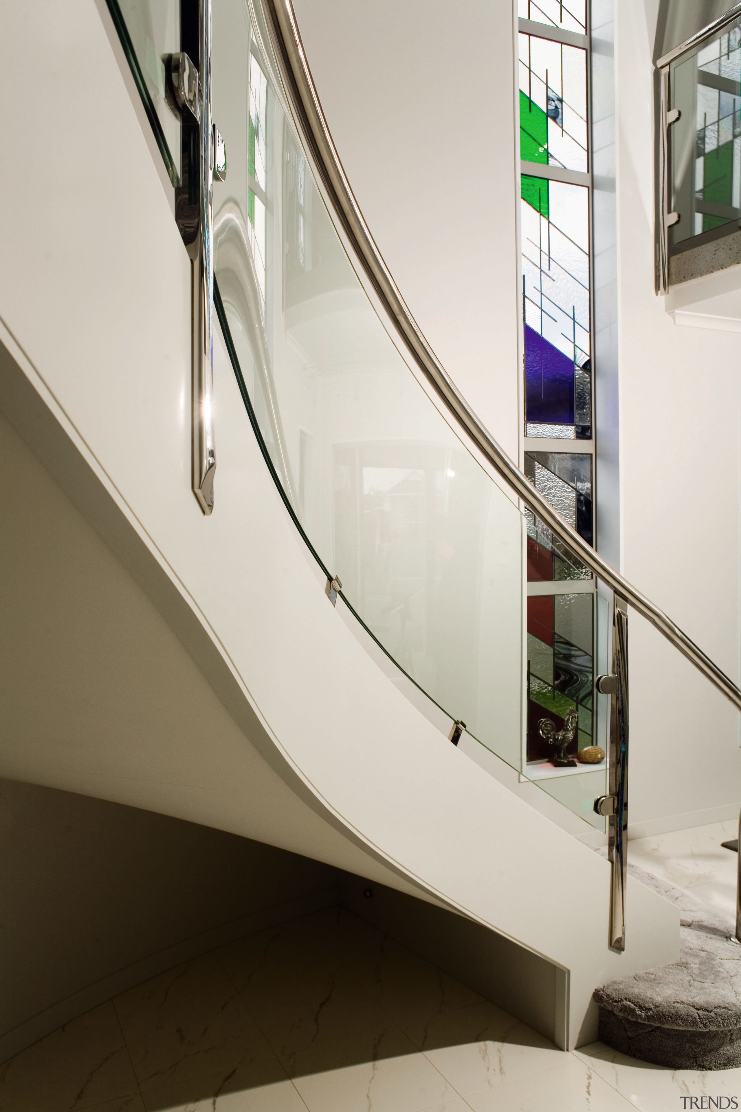 A view of some glazing done by Glasshape. architecture, baluster, glass, handrail, product design, stairs, white, brown