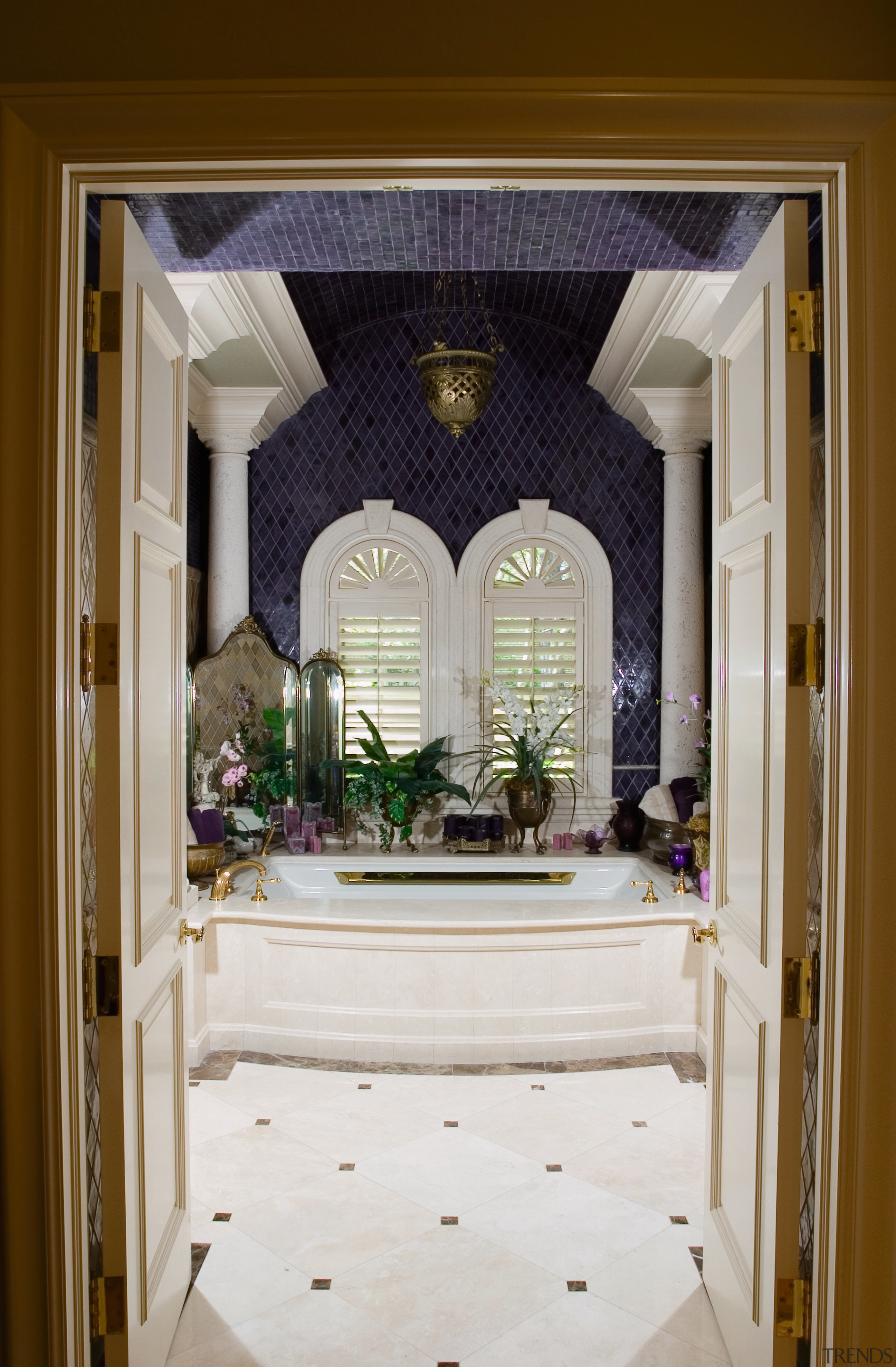 view of the diamond shaped glass mosaic tiles ceiling, door, estate, home, house, interior design, room, window, gray, brown