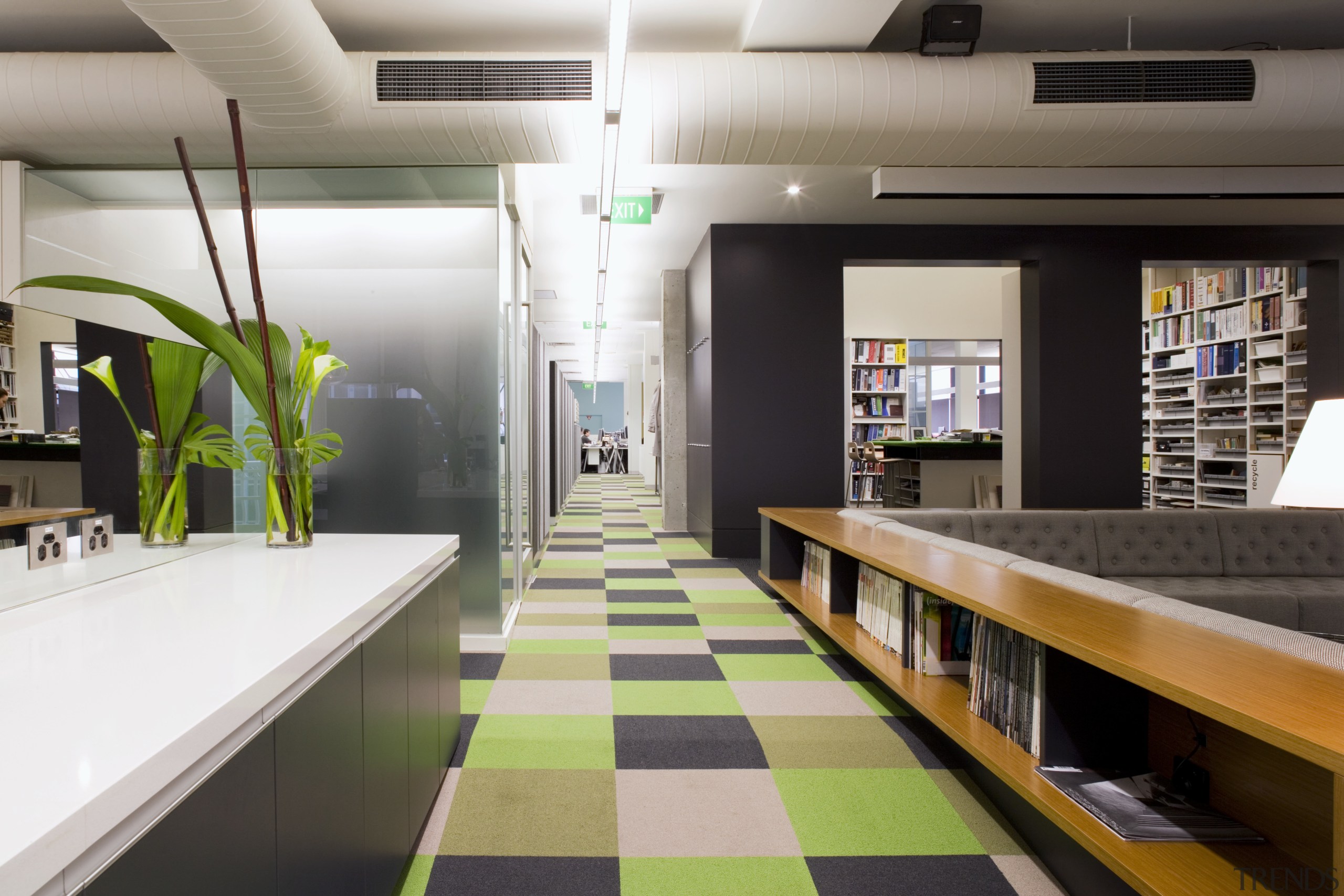 Interior view of offices featuring frosted glass doors, architecture, interior design, gray, black