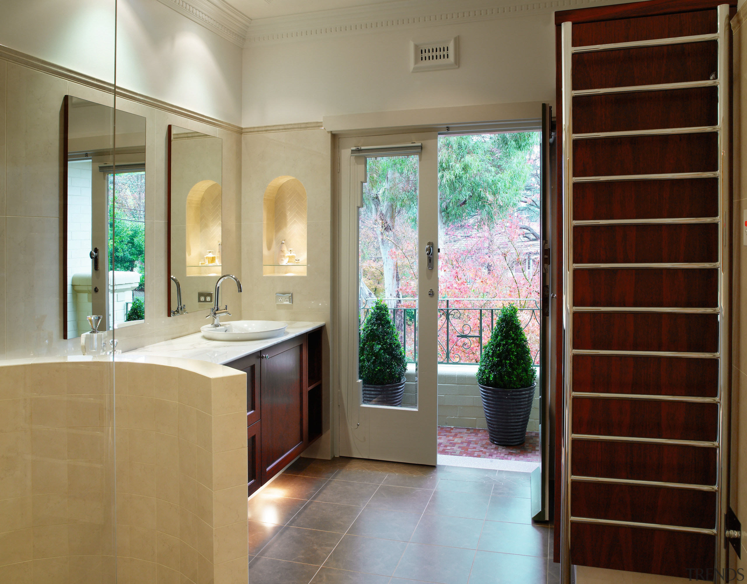 A view of the master ensuite, tiled floors bathroom, door, estate, floor, flooring, home, house, interior design, real estate, room, window, brown