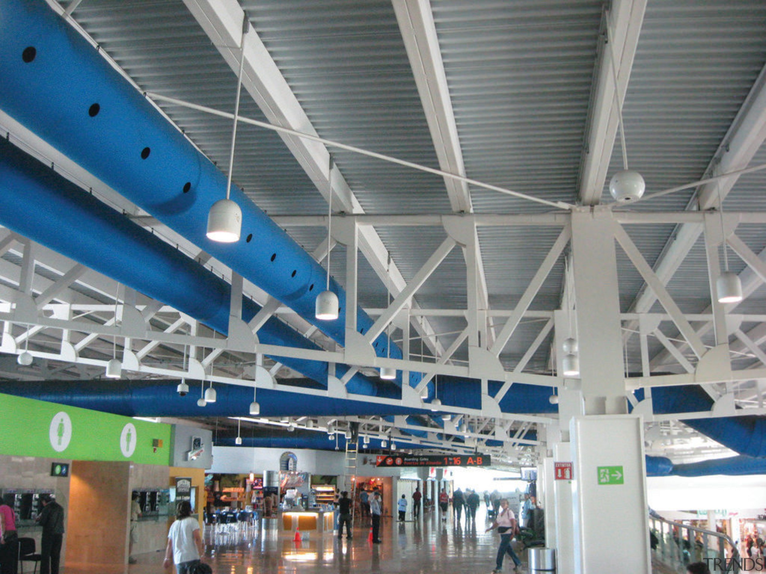 This DuctSox Fabric Air Dispersion System, seen here airport, airport terminal, ceiling, structure, gray