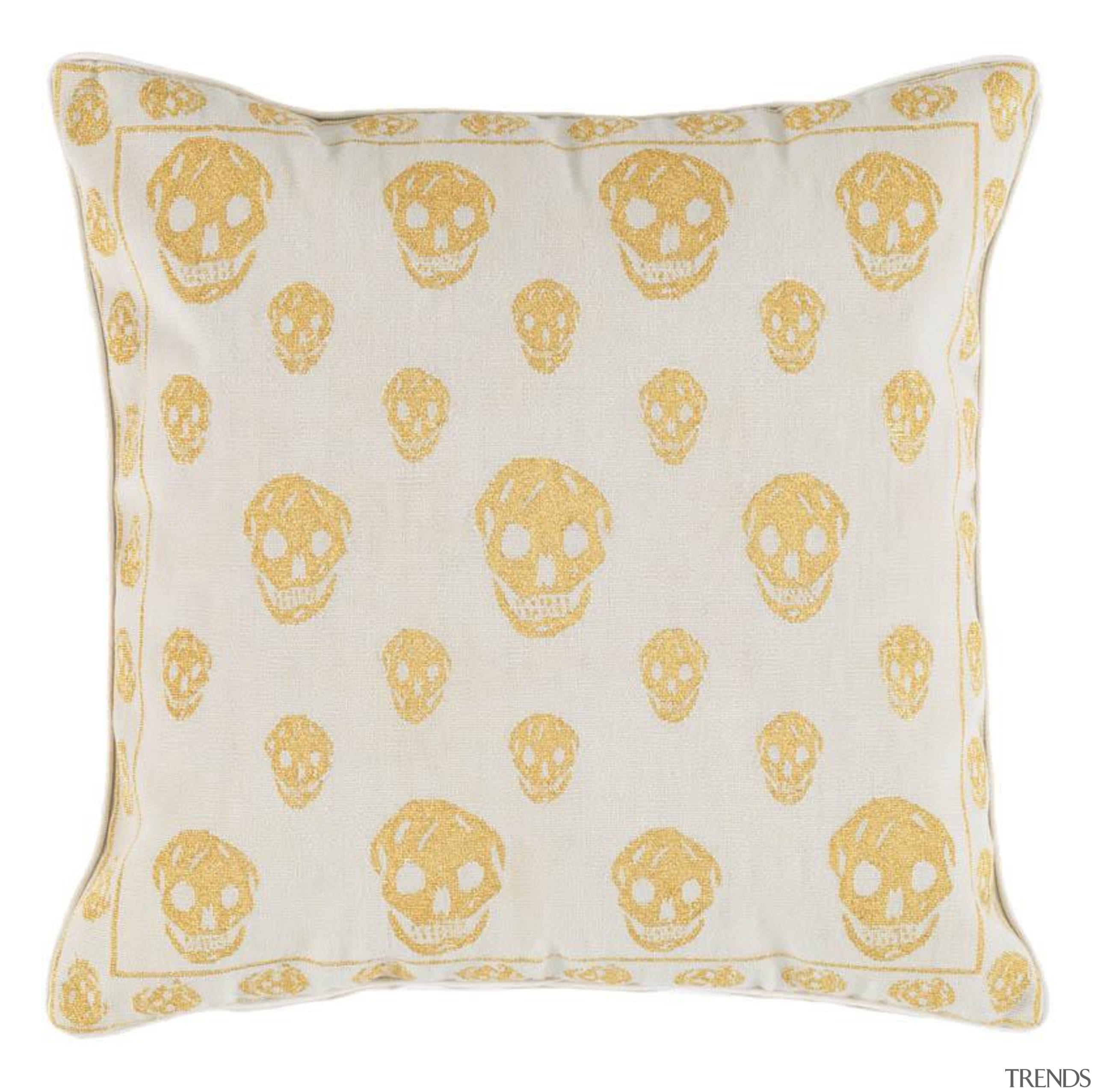 Instantly recognisable as a work of Alexander McQueen, cushion, pattern, pillow, throw pillow, yellow, white