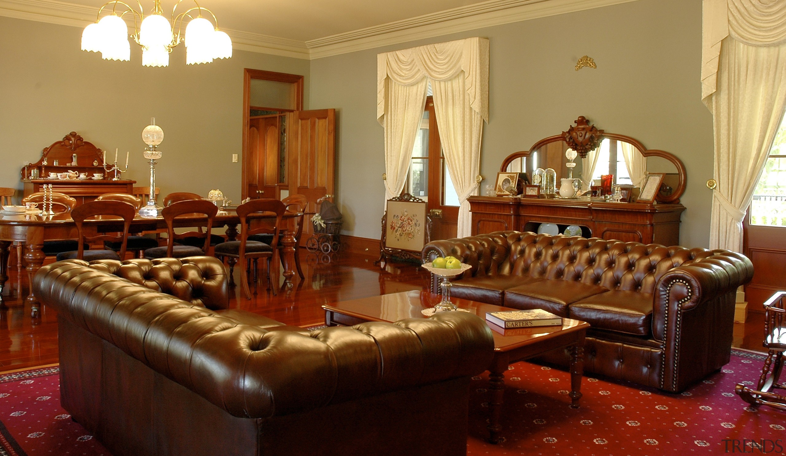 Contemporary home. Victorian. Fairlight Developments. Director Henry Ayala. dining room, estate, furniture, home, interior design, living room, property, real estate, room, table, red, brown, orange