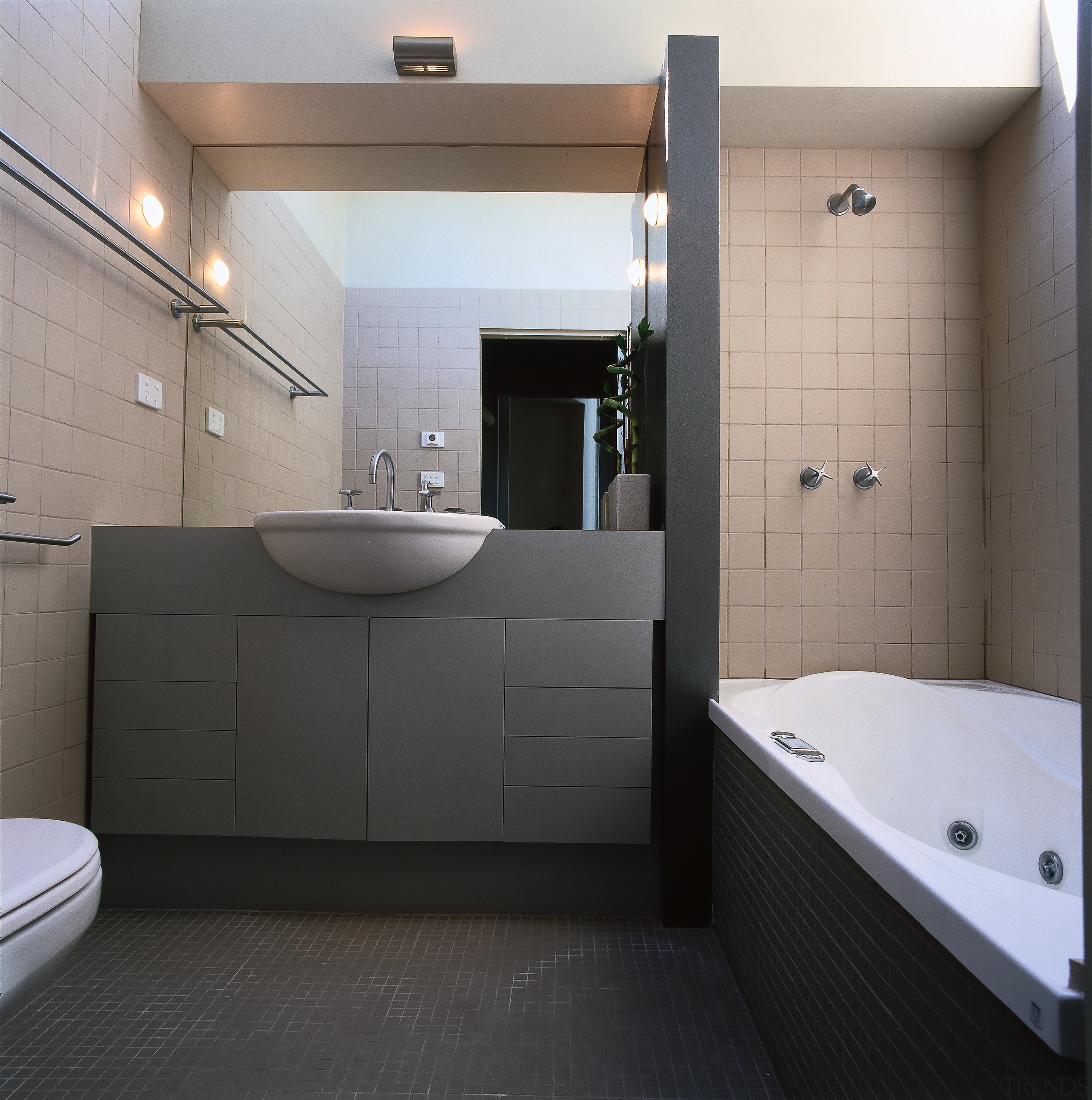 The view of a bathroom - The view bathroom, bathroom accessory, floor, interior design, plumbing fixture, product design, room, sink, tile, gray, black