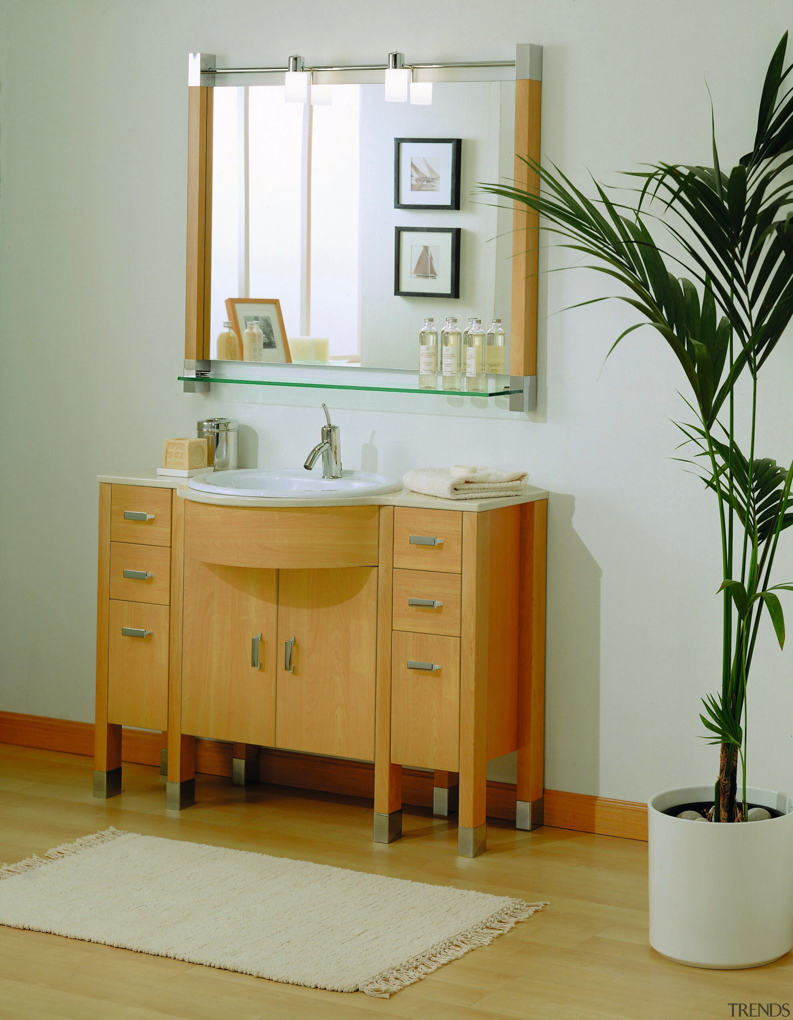 View of the vanity unit by Metalkris USA bathroom, bathroom accessory, bathroom cabinet, cabinetry, chest of drawers, furniture, interior design, plumbing fixture, product design, room, shelf, sink, gray, brown