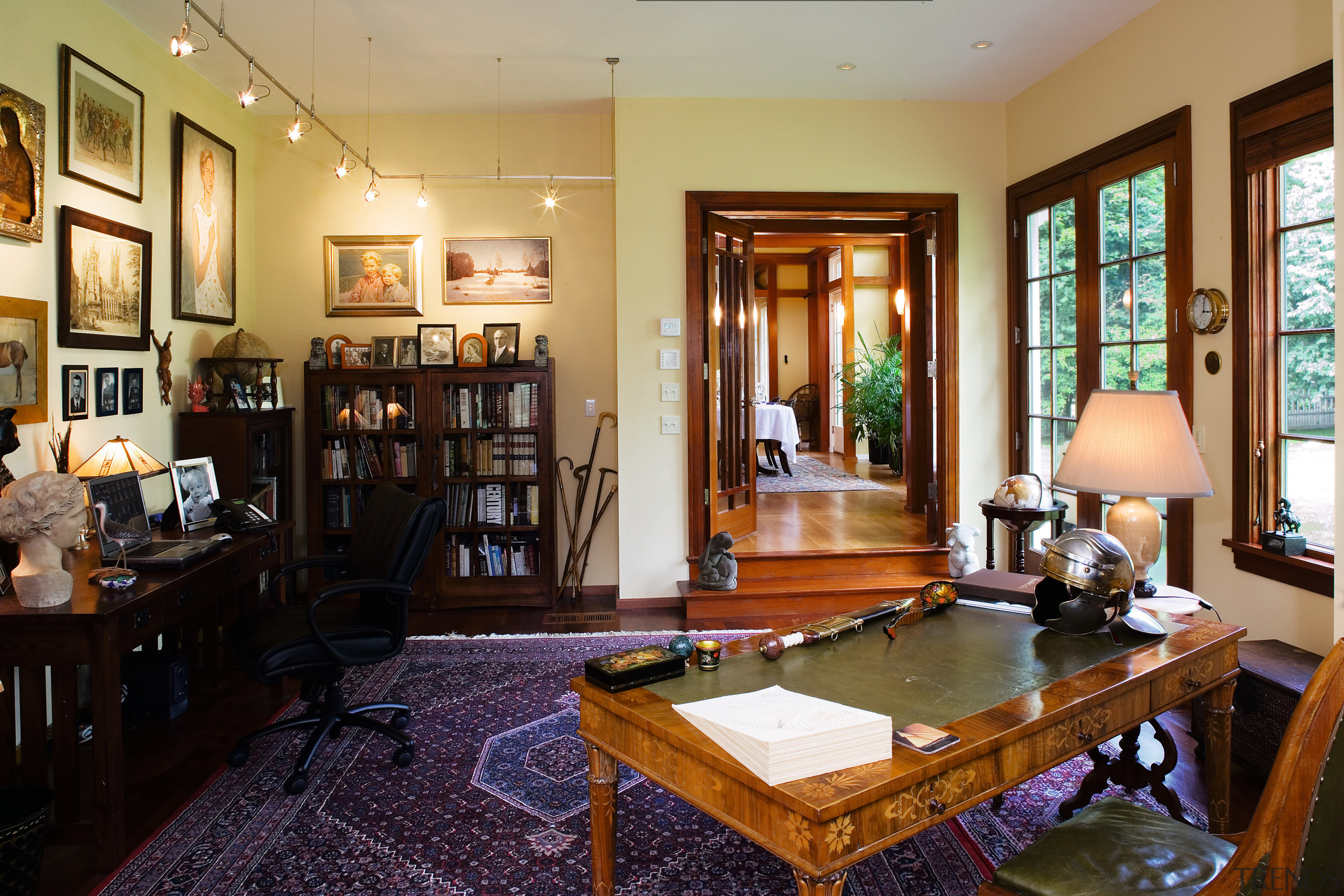View of the office area, antique desk, french home, interior design, living room, real estate, room, brown