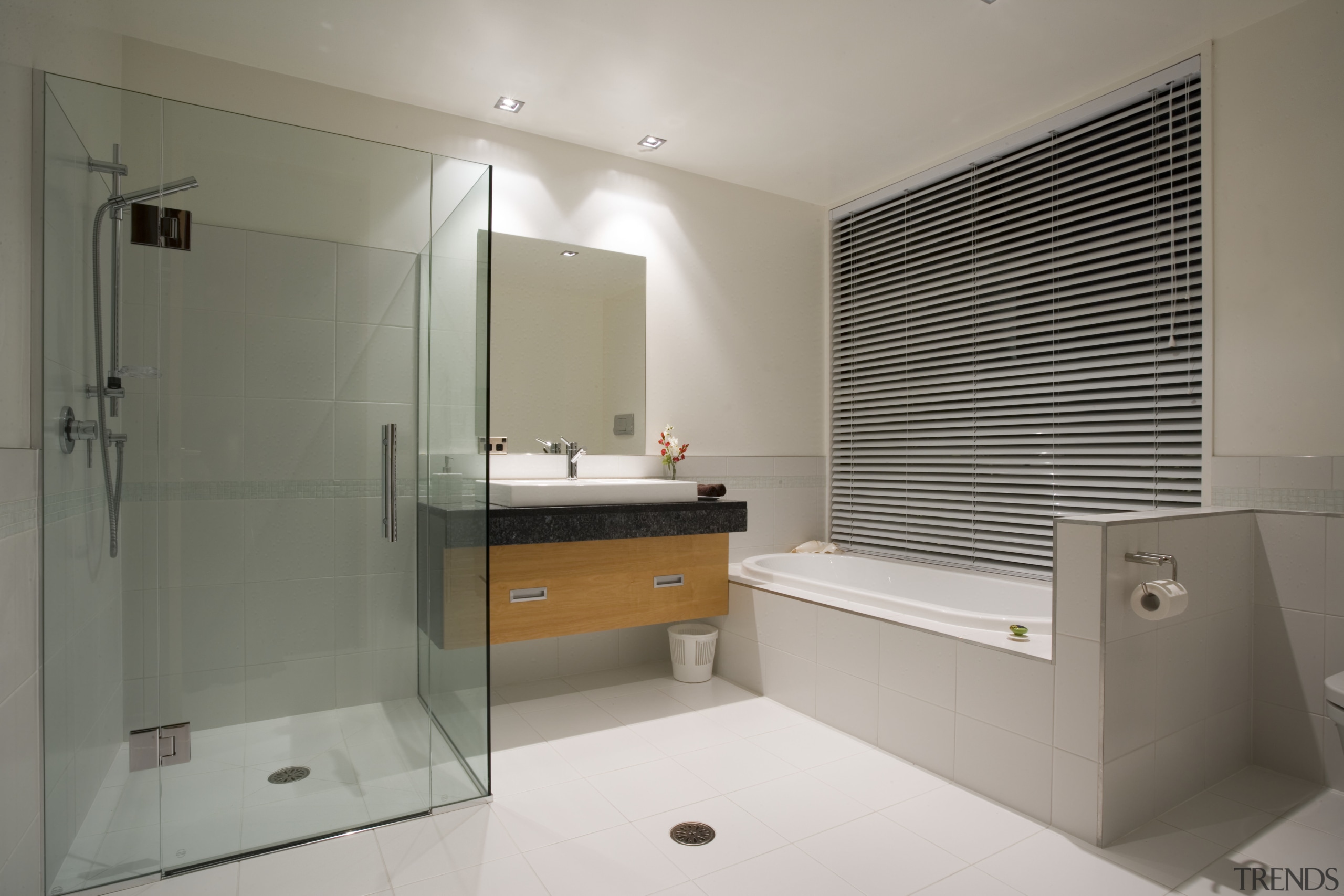 Cantilevered fixtures and fittings and clean, white lines bathroom, interior design, room, gray