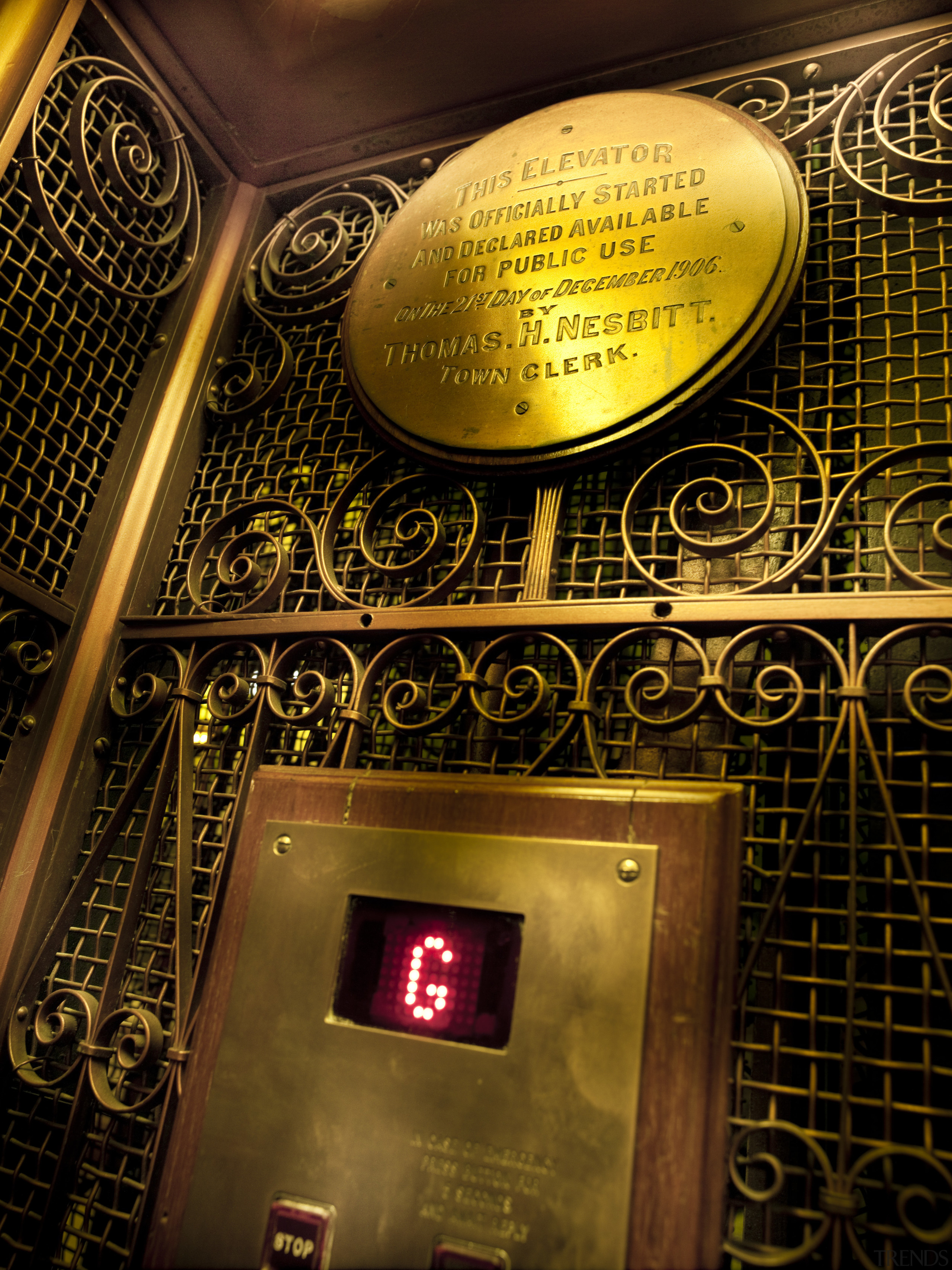 View of lifts in the renovated historic Sydney lighting, brown, black