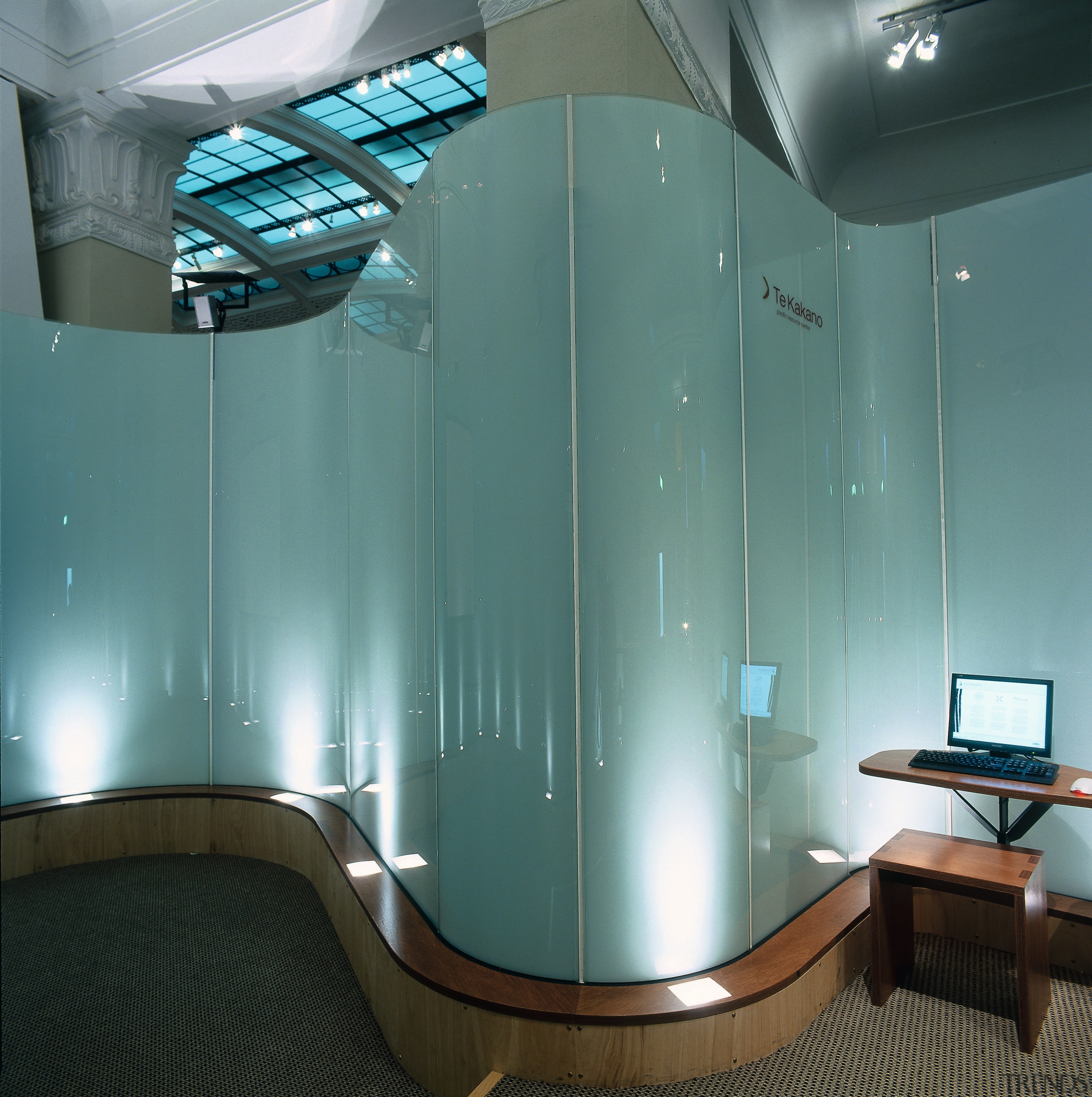 view of the curved glass display that was architecture, ceiling, glass, interior design, lighting, teal, gray