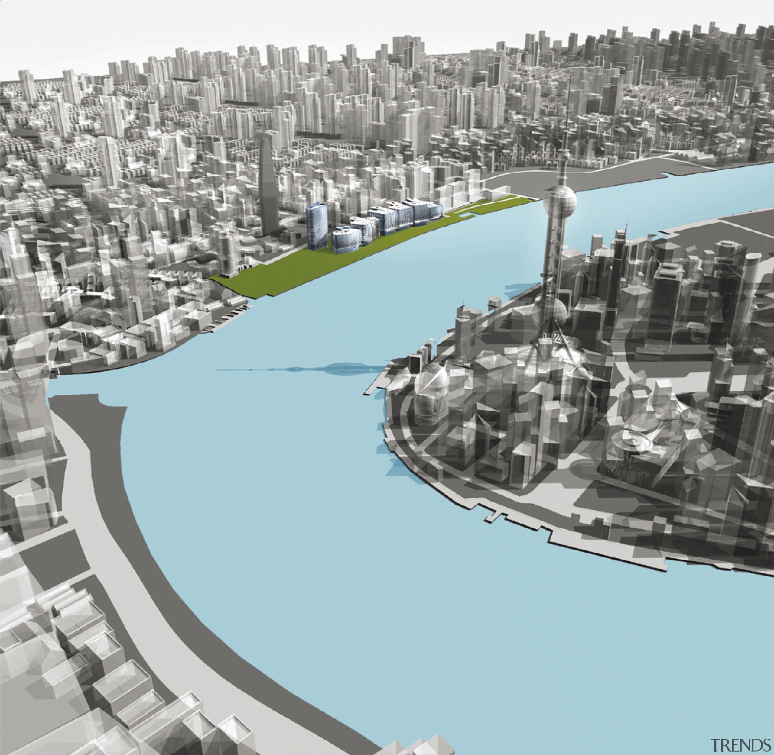 View of the Shanghai International Cruise Terminal. bird's eye view, city, cityscape, metropolis, metropolitan area, mixed use, neighbourhood, residential area, suburb, urban area, urban design, water resources, teal, gray