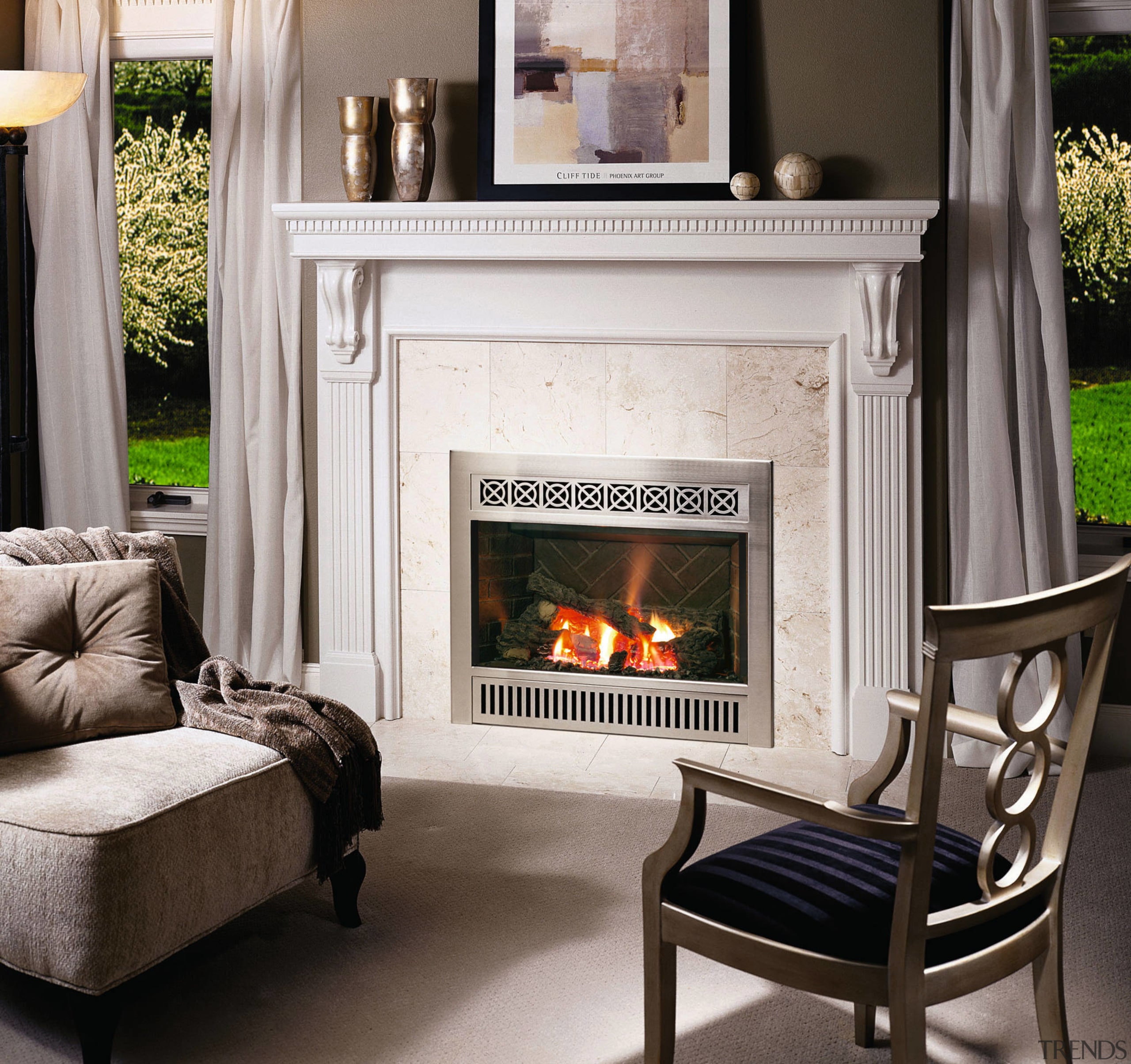 The view of a Neo Classical fireplace - fireplace, furniture, hearth, home, home appliance, interior design, living room, wood burning stove, gray, black