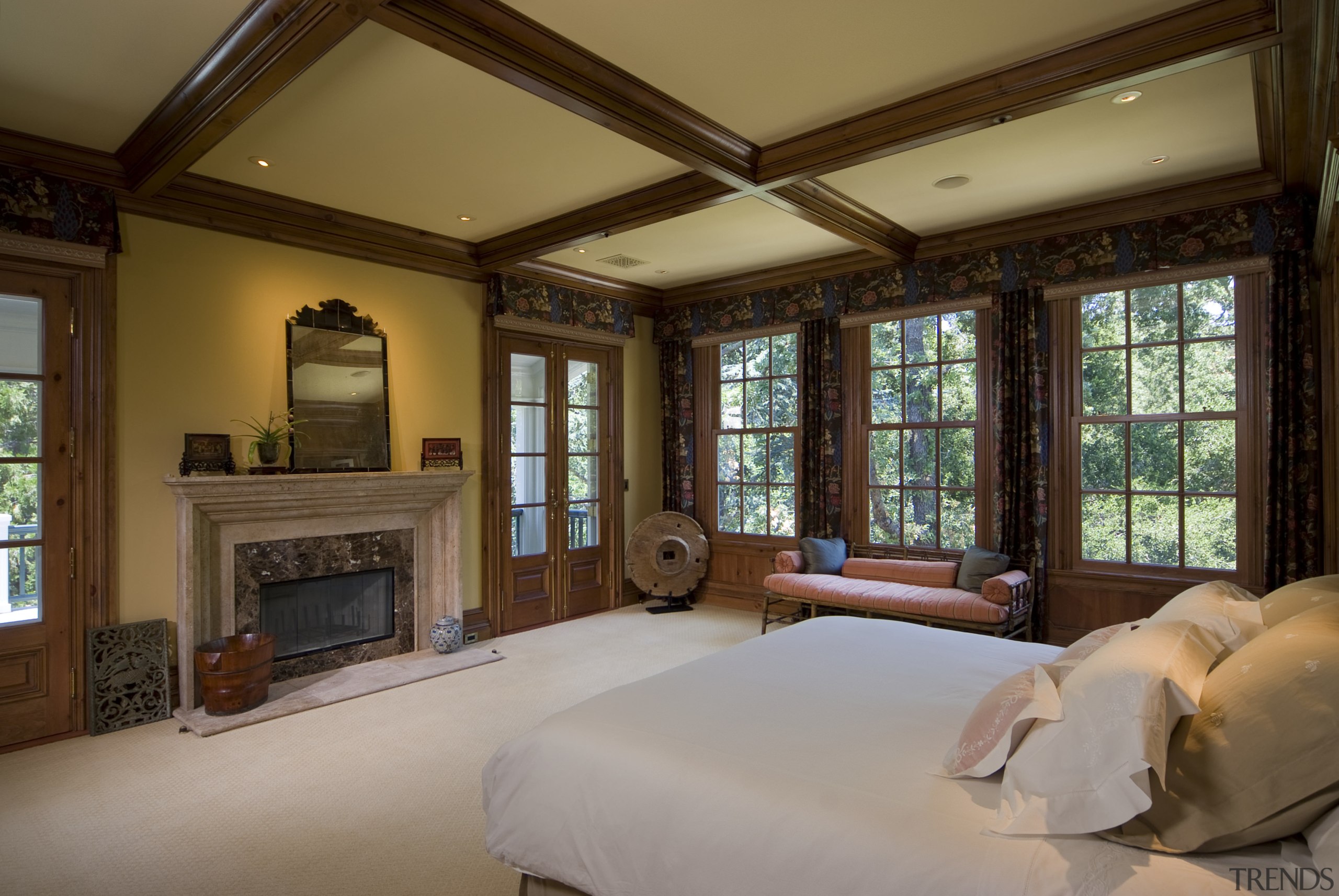 This is a master suite designed by Chuck bedroom, ceiling, estate, home, interior design, living room, real estate, room, window, wood, brown