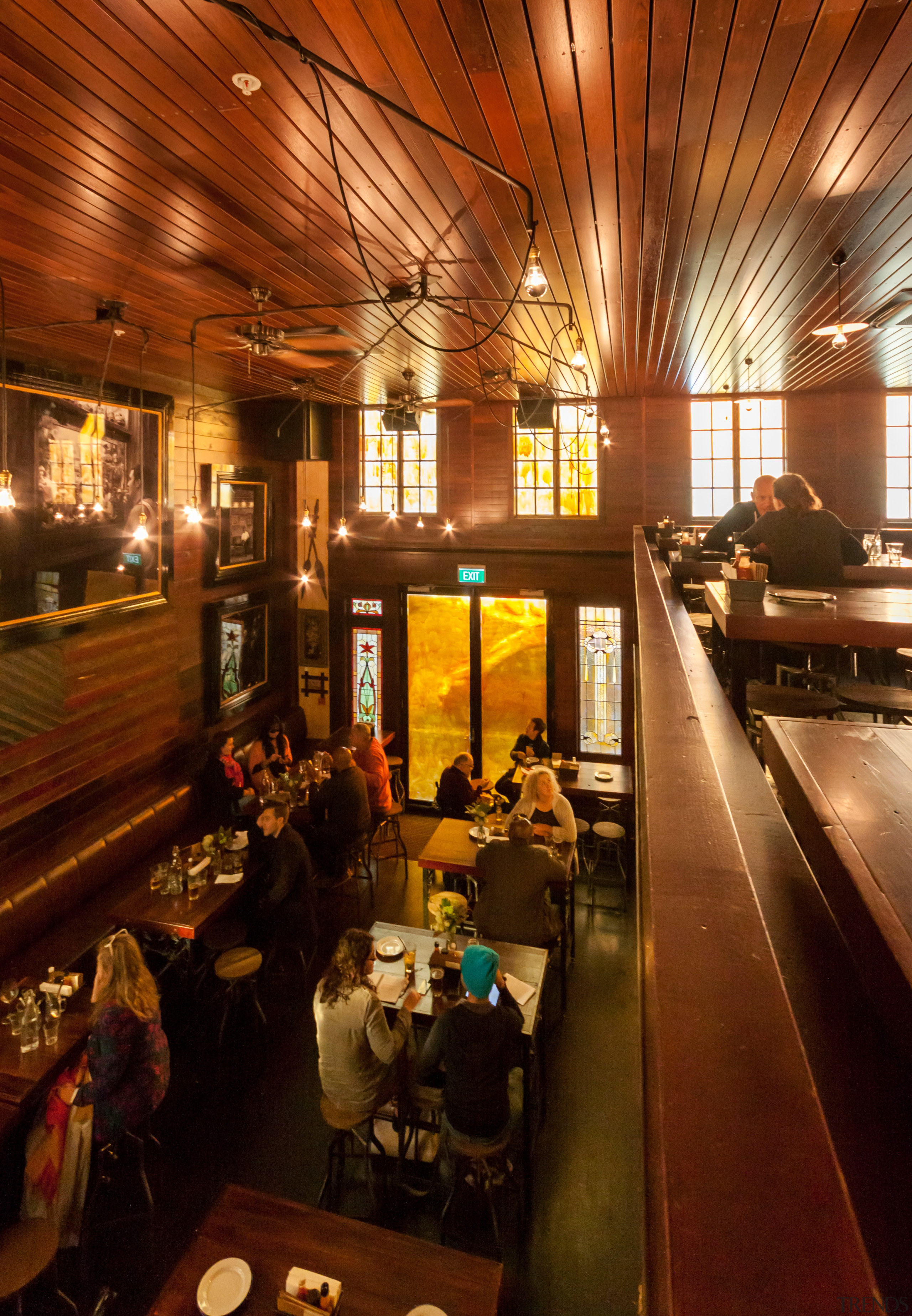 pic: inside building from mezzanineAbove:Standing proud alongside the bar, café, interior design, lighting, lobby, restaurant, wood, brown, red