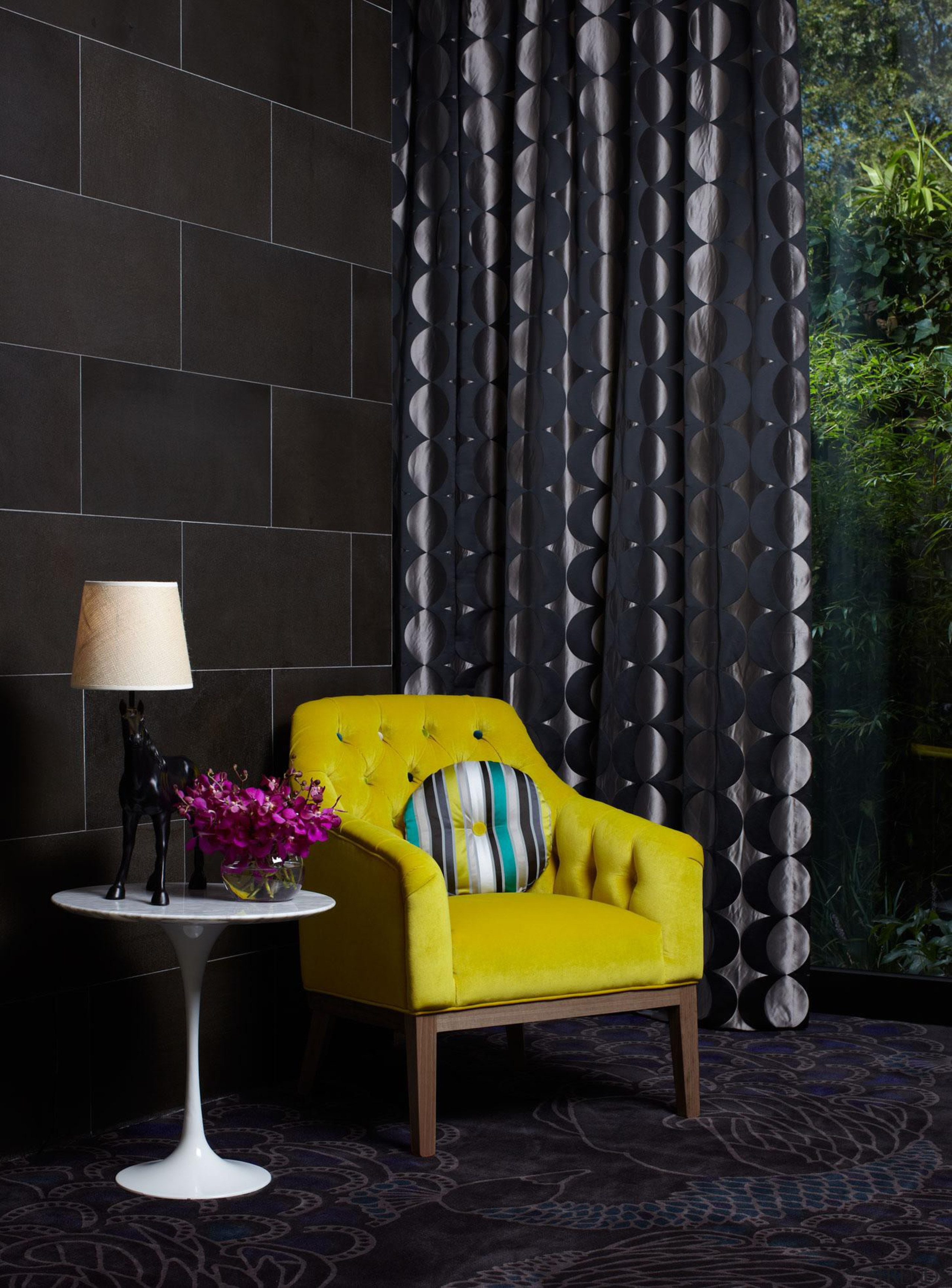 Circuit drapery fabric teamed with Entice velvet on chair, couch, curtain, furniture, home, interior design, living room, wall, window, window covering, window treatment, black