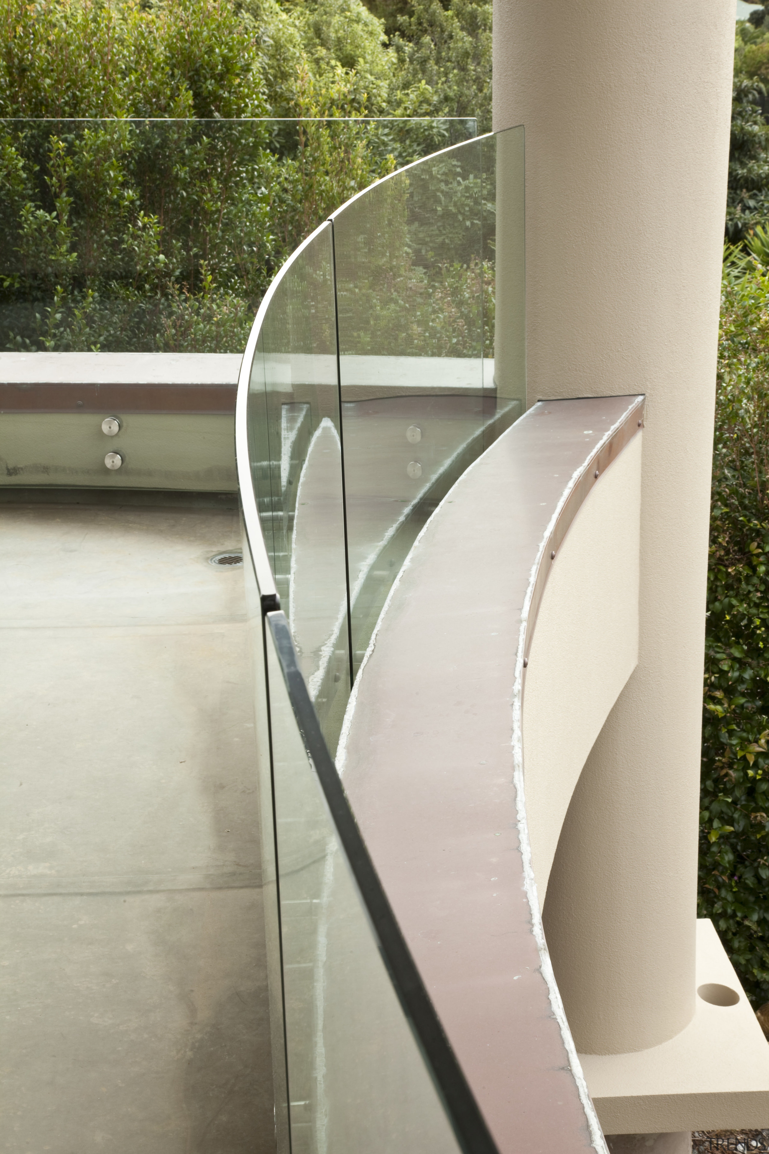 View of home with curved, toughened glass balustrade. architecture, glass, handrail, stairs, gray, brown