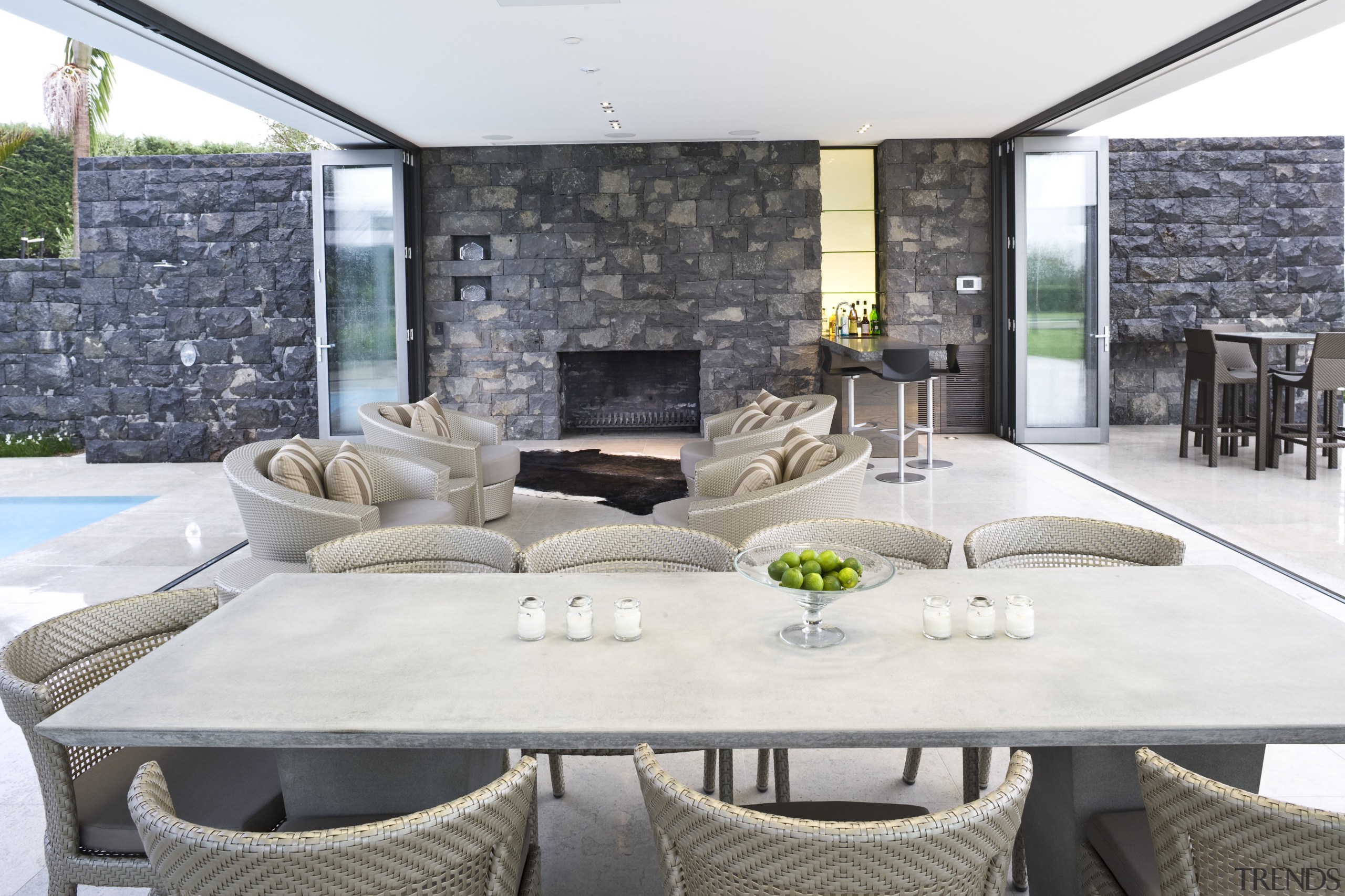 Image of stone walls which have been built house, interior design, living room, real estate, table, white, gray