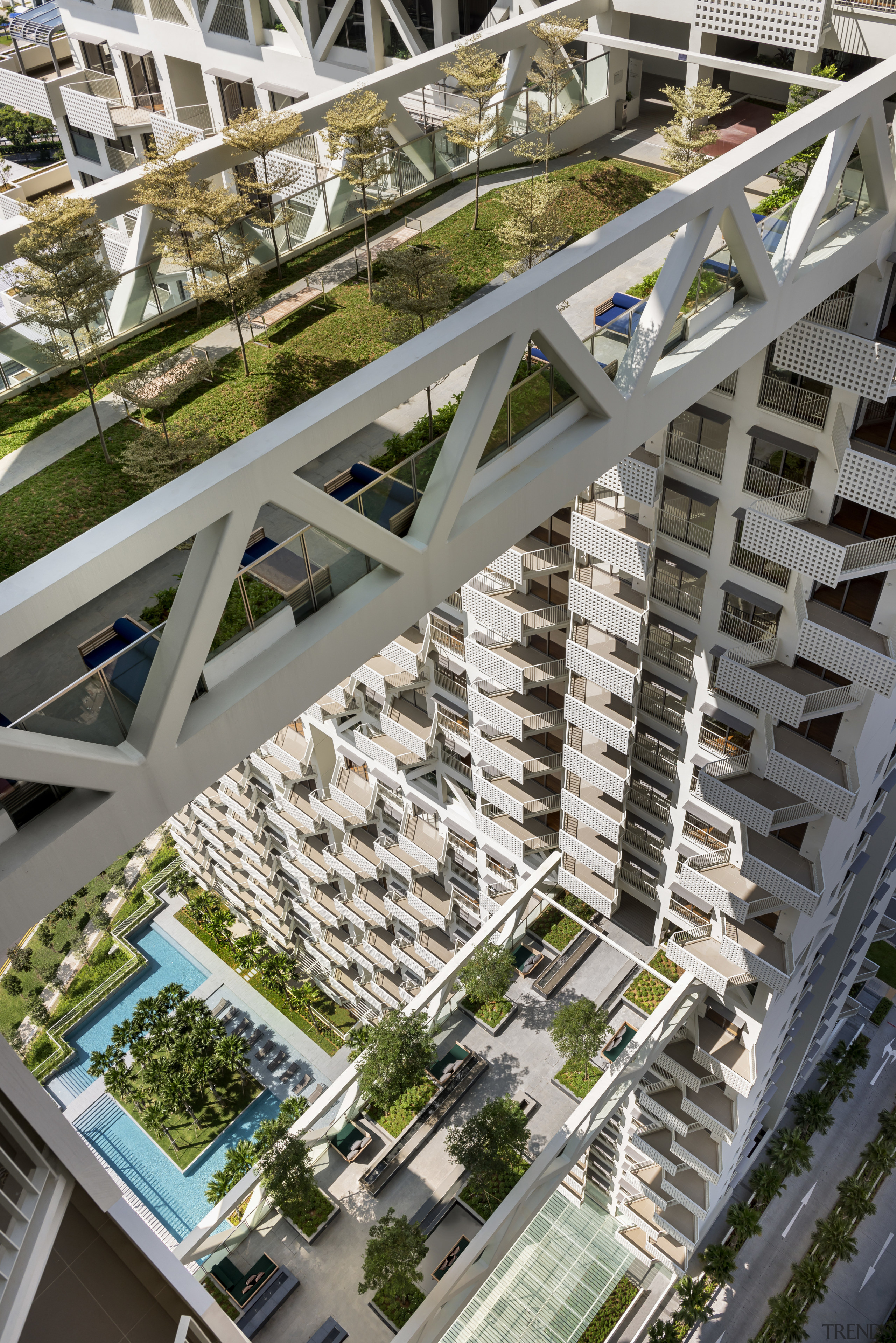 While each of the sky bridges at Sky architecture, building, condominium, metropolis, metropolitan area, mixed use, urban area, urban design, gray