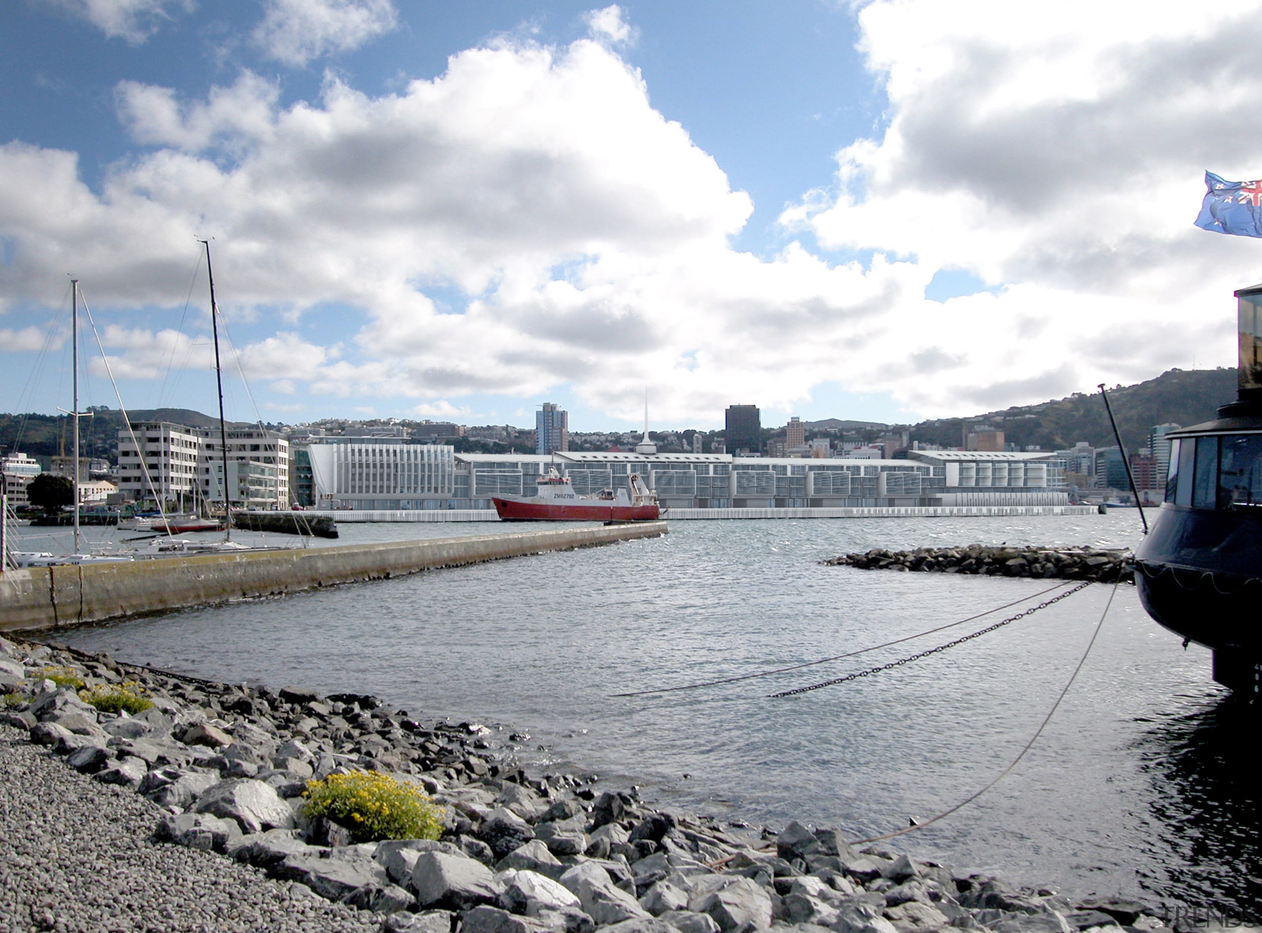 Exterior view of the Wellington Overseas Passenger Terminal boat, cloud, dock, marina, port, river, sky, water, water transportation, waterway, gray, white